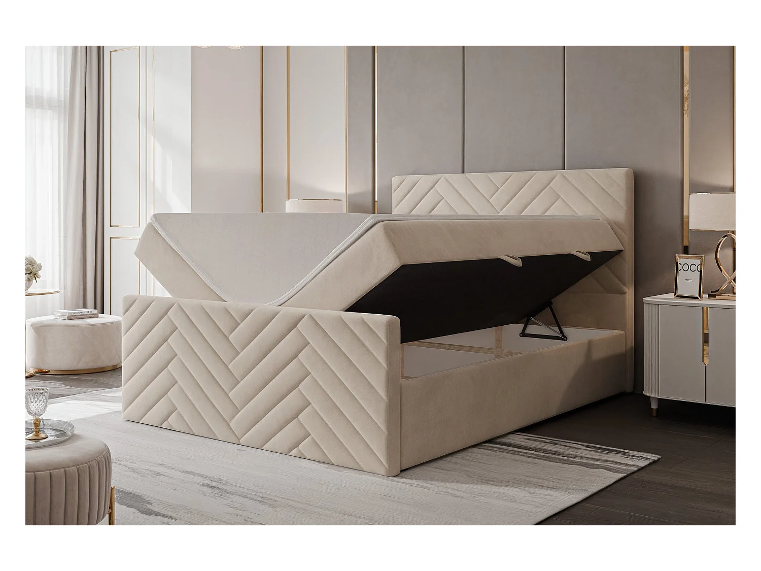 Lit continental rembourré avec surmatelas, crème - 200x200 - NEREA PLUS