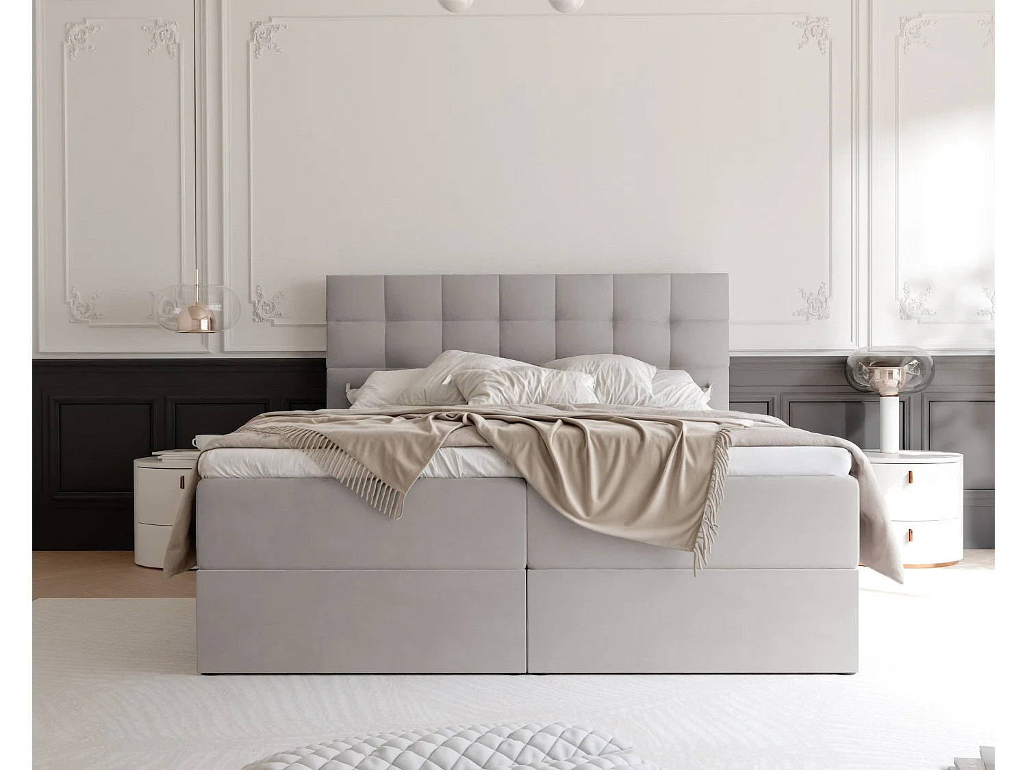 Lit continental rembourré avec surmatelas, gris - 200x200 - GRAND