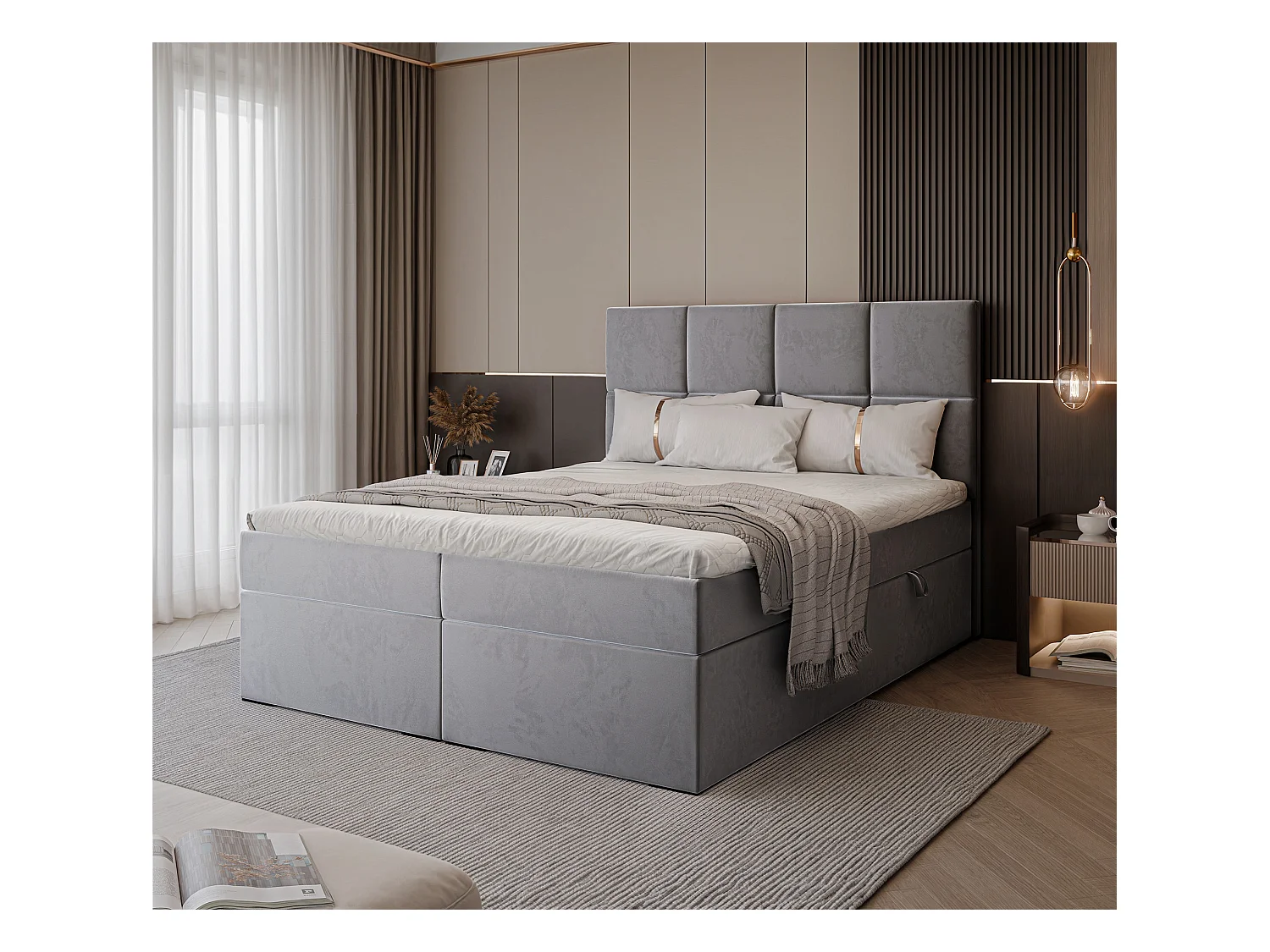 Lit continental rembourré avec surmatelas, gris clair - 120x200 - MAGNUS