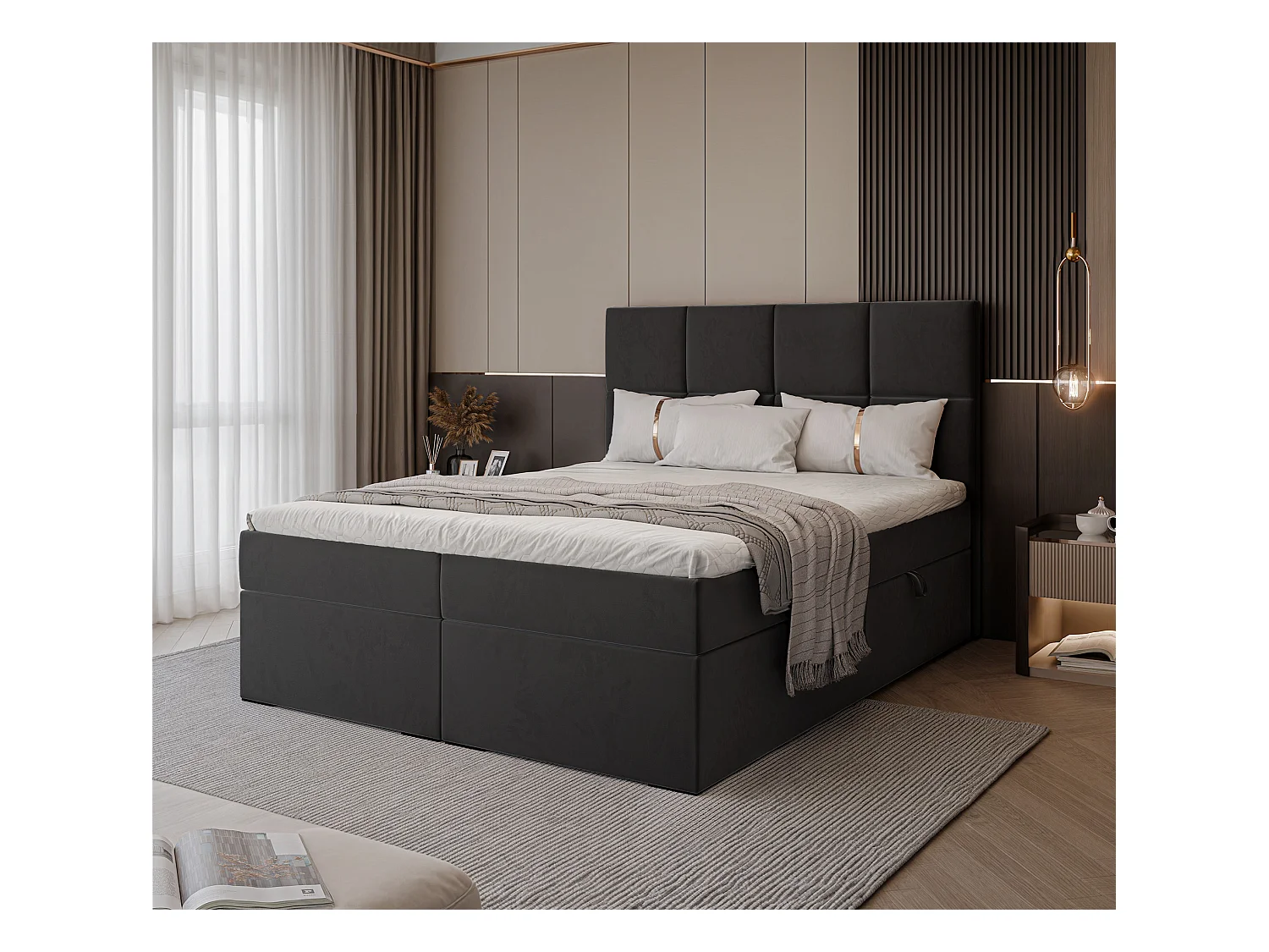 Lit continental rembourré avec surmatelas, noir - 120x200 - MAGNUS