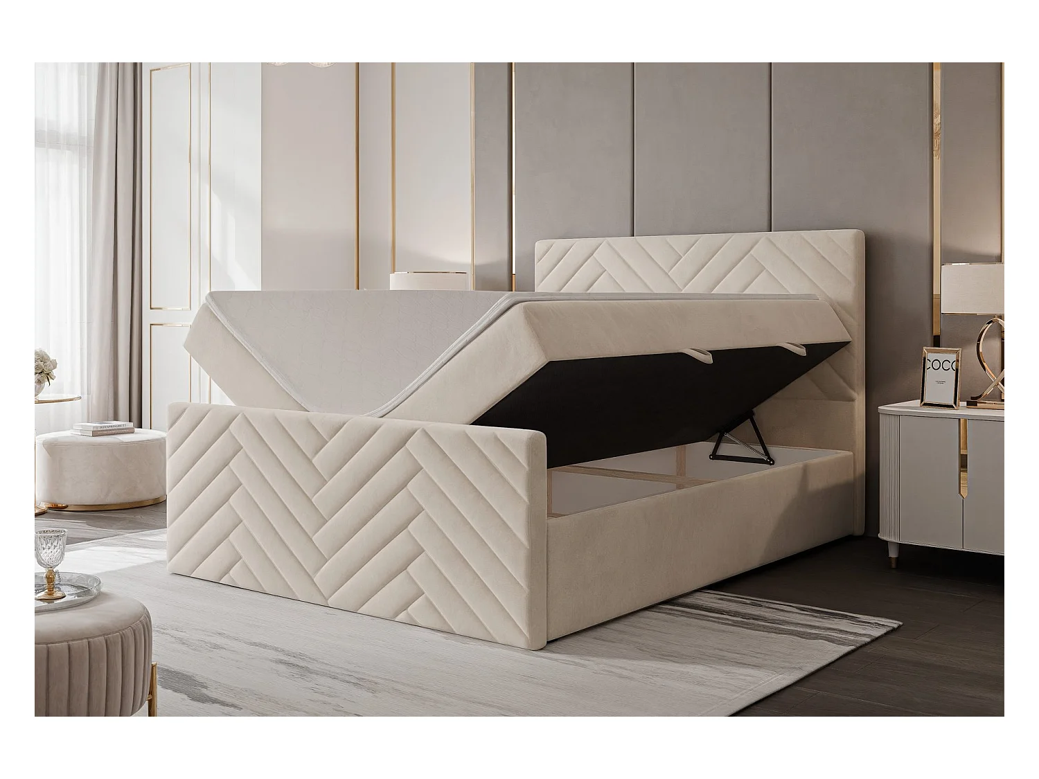 Lit continental rembourré avec surmatelas, beige - 180x200 - NEREA PLUS