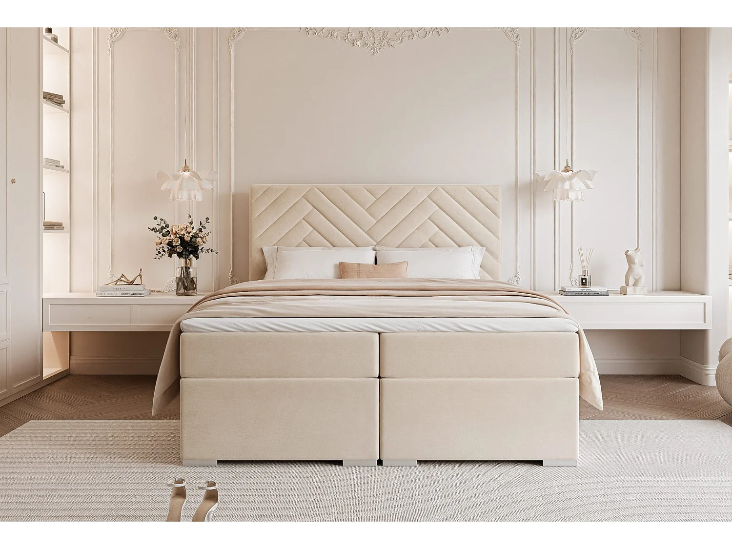 Lit continental rembourré avec surmatelas, crème - 200x200 - NEREA