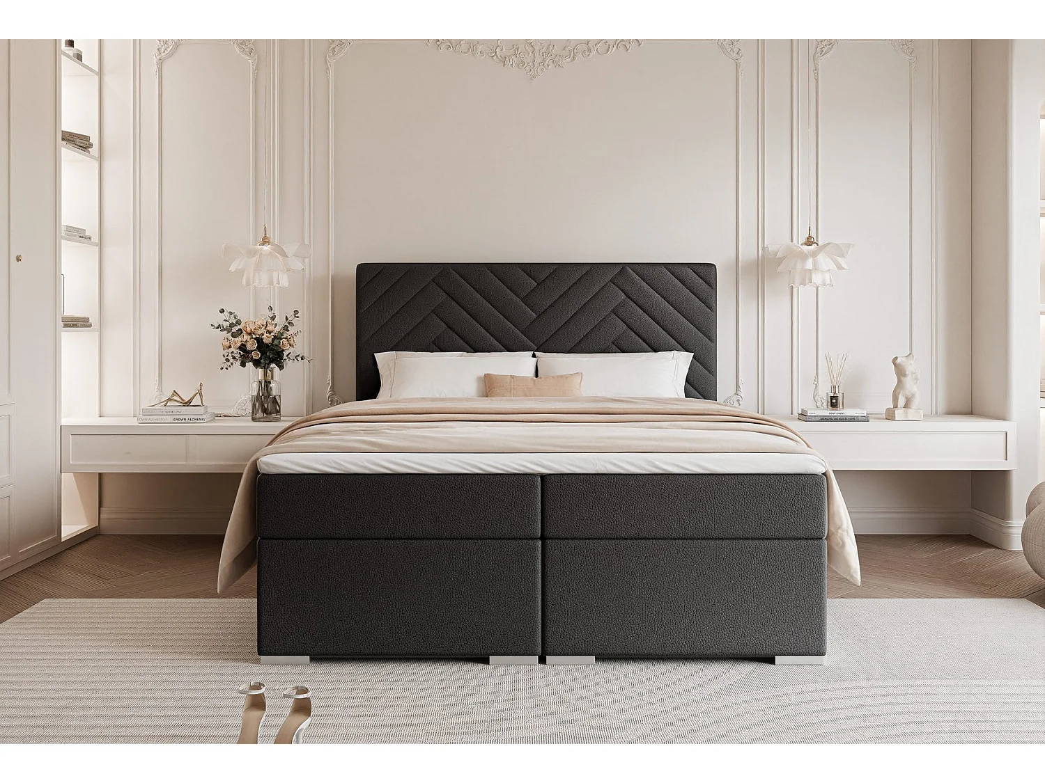 Lit continental rembourré avec surmatelas, noir  - 120x200 - NEREA
