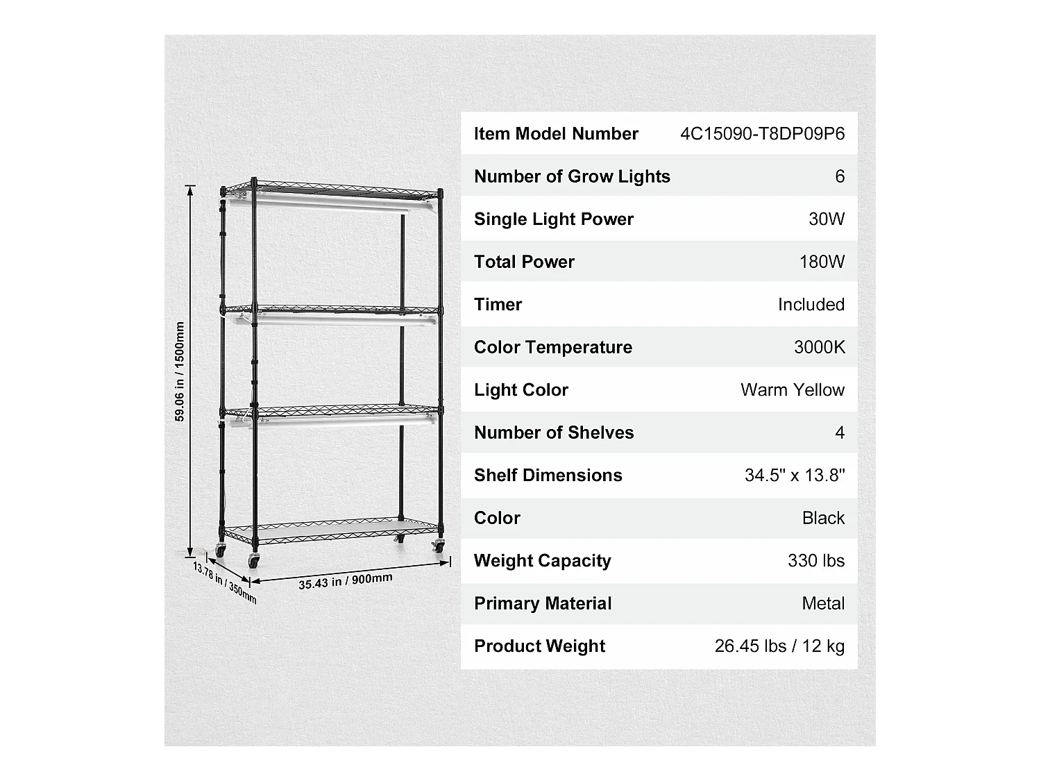 Support de Plante, SucceBuy Support pour Plantes avec Lampes de Culture, 4 Niveaux, 180 W, Étagère Haute de 150 cm