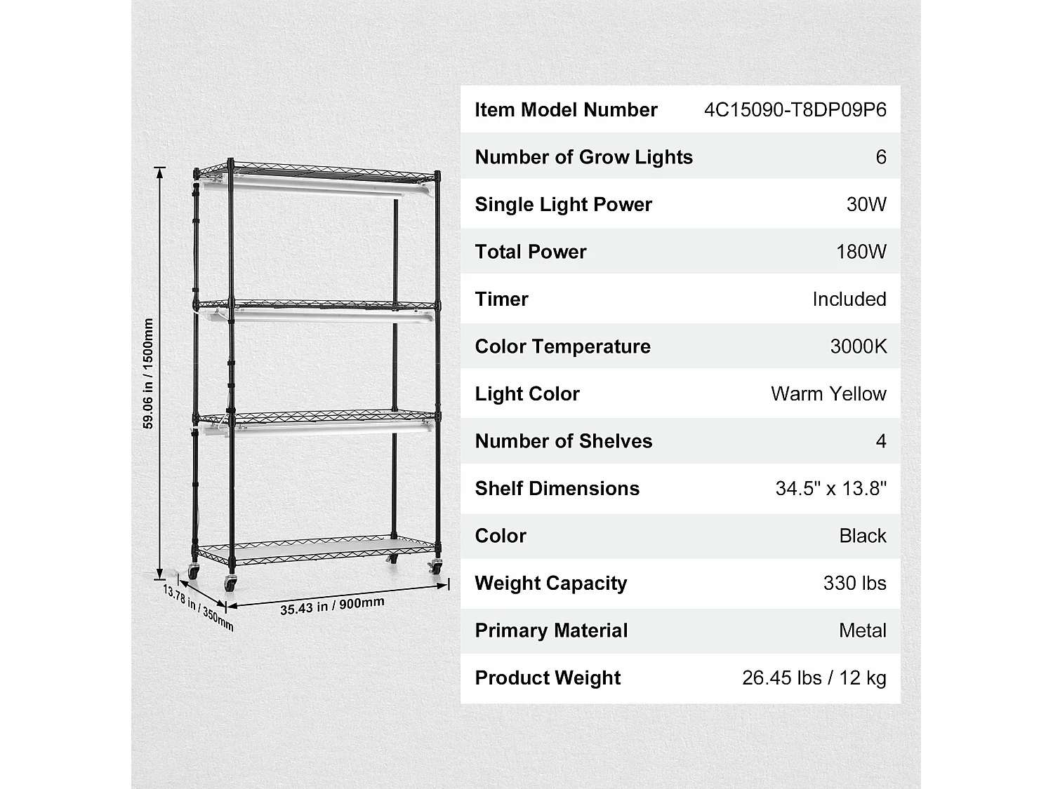 Plantenstandaard, SucceBuy Plantenstandaard met Kweeklampen, 4 Niveaus, 180W, 150 cm Hoge Plank