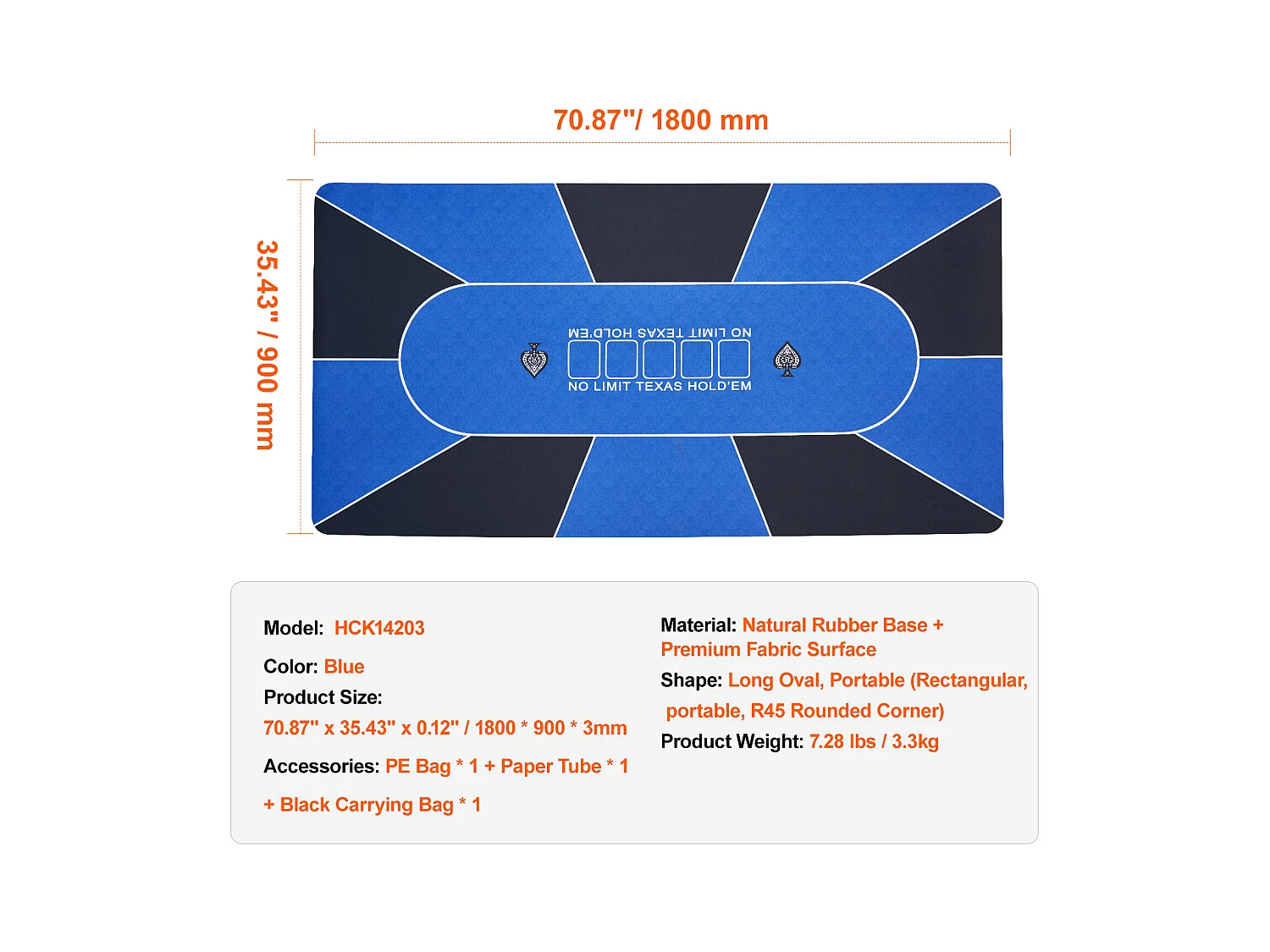 Table de Poker, SucceBuy Plateau de Table de Poker 180 x 90 cm, Plateau de Poker Rectangulaire avec Sac de Transport, Tapis de Poker Amovible pour Joueurs, Bleu