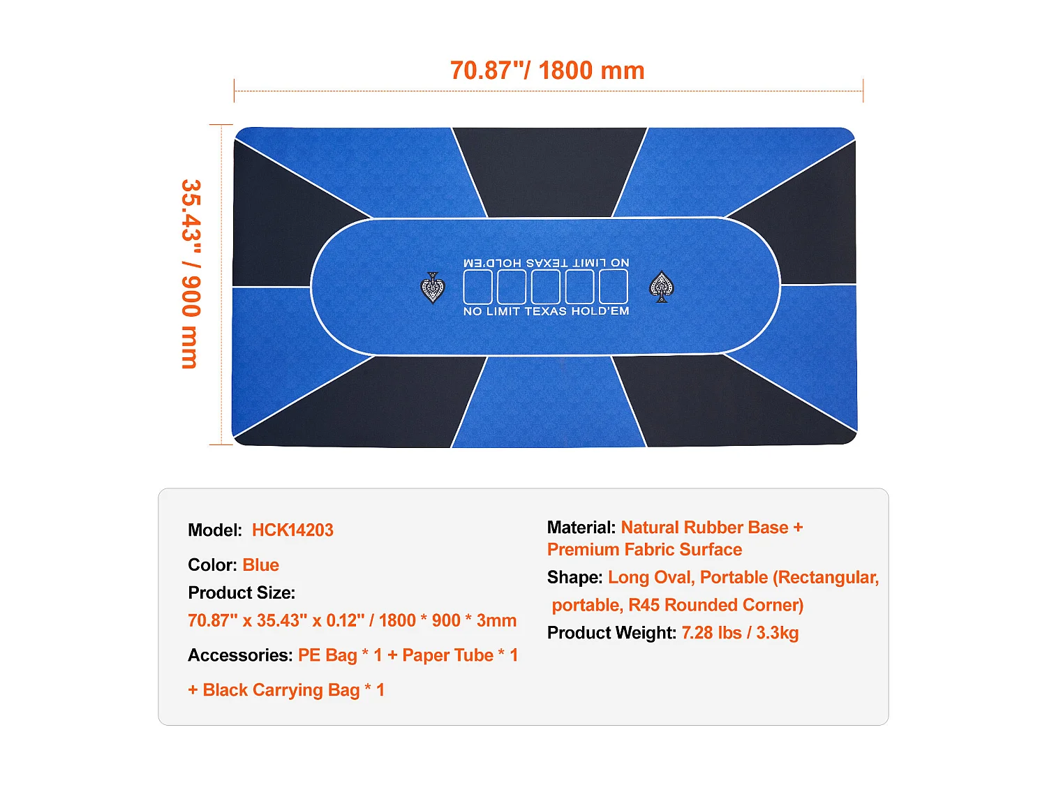 Table de Poker, SucceBuy Plateau de Table de Poker 180 x 90 cm, Plateau de Poker Rectangulaire avec Sac de Transport, Tapis de Poker Amovible pour Joueurs, Bleu