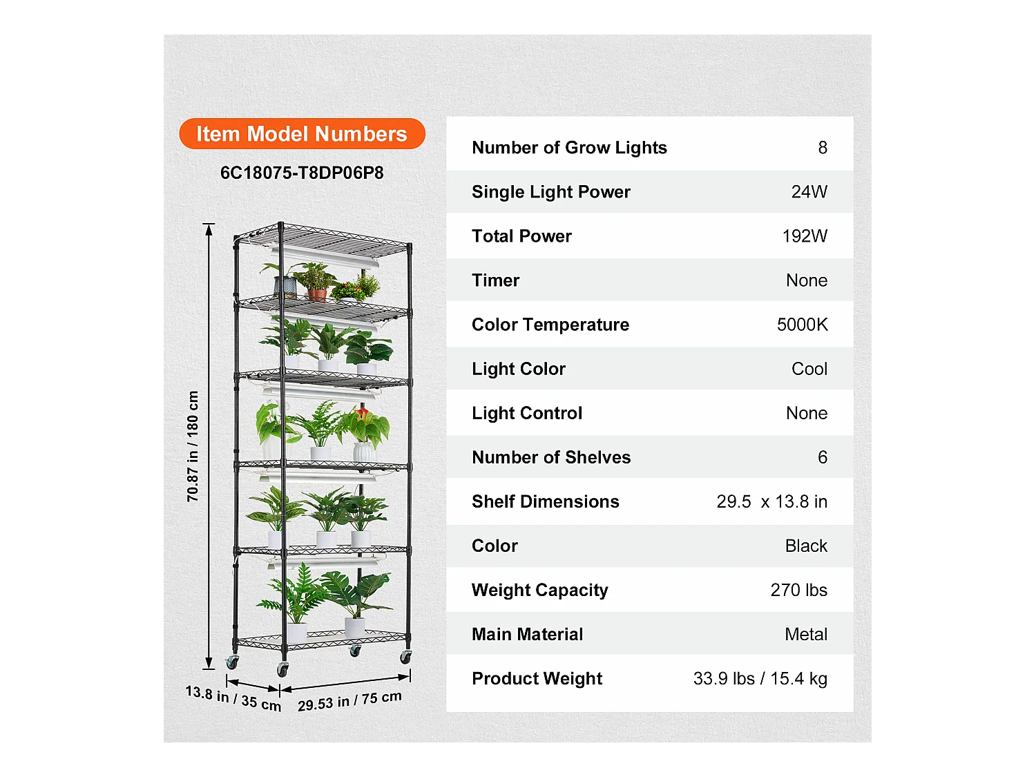 Support de Plante, SucceBuy Support pour Plantes DIY avec Lampes de Culture 6 Niveaux 192 W 180 cm de Hauteur