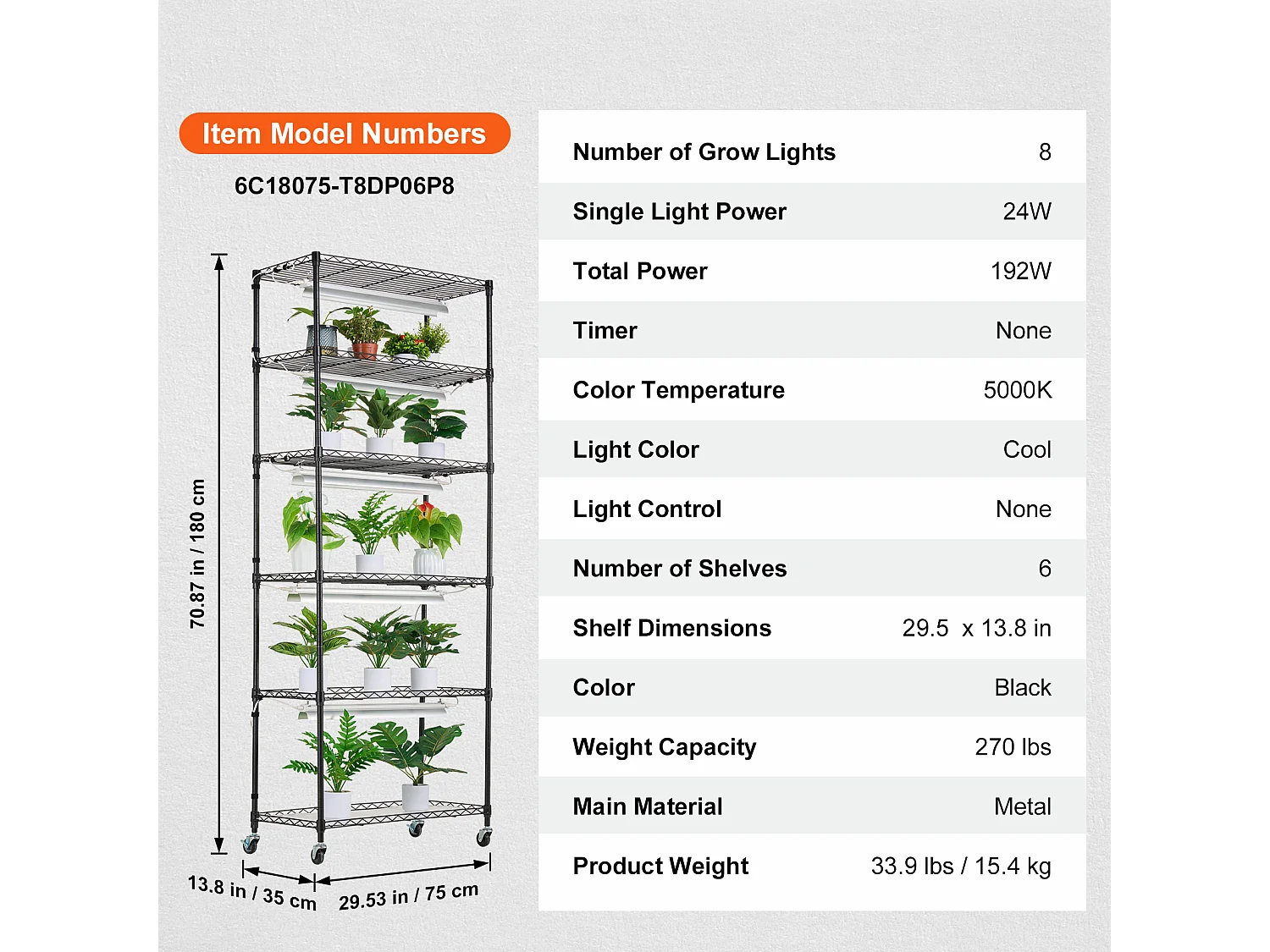Support de Plante, SucceBuy Support pour Plantes DIY avec Lampes de Culture 6 Niveaux 192 W 180 cm de Hauteur
