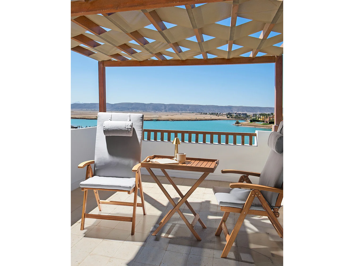 Lot de 2 chaises de jardin avec coussins JAVA PREMIUM Acacia Gris clair