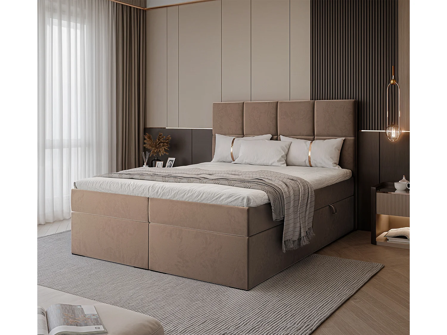 Lit continental rembourré avec surmatelas, marron - 120x200 - MAGNUS