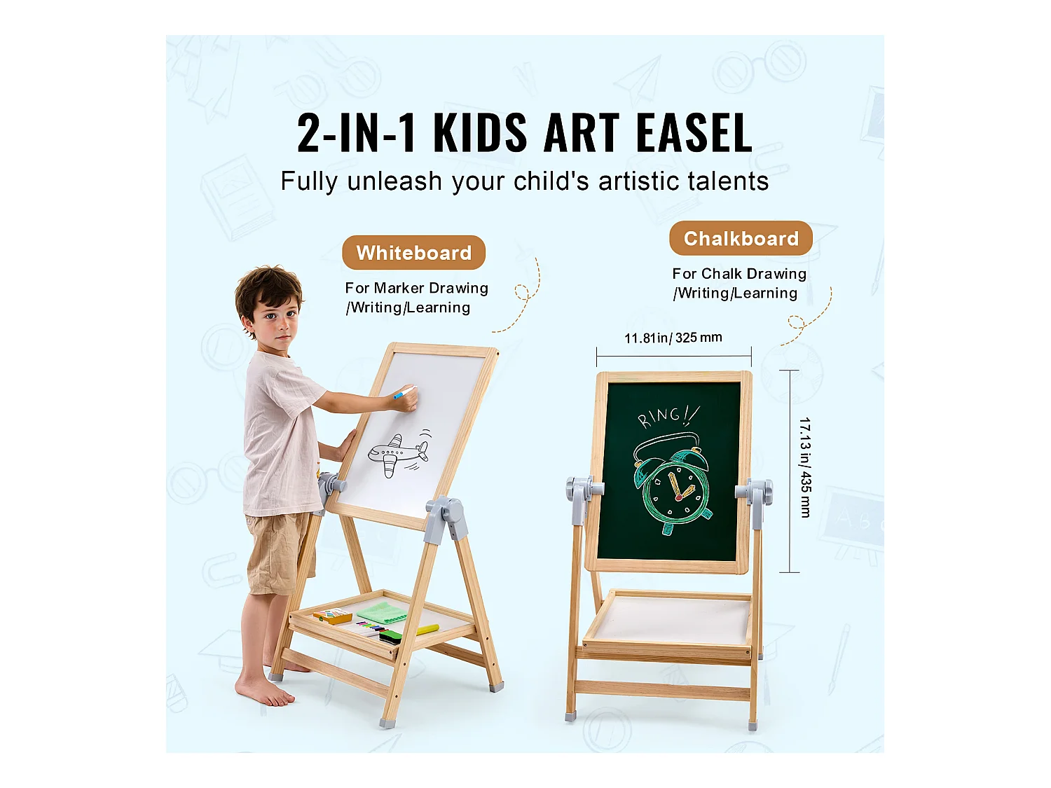 Chevalet d'Art SucceBuy, pour Enfants 2 en 1, Tableau Blanc Magnétique en Bois Face