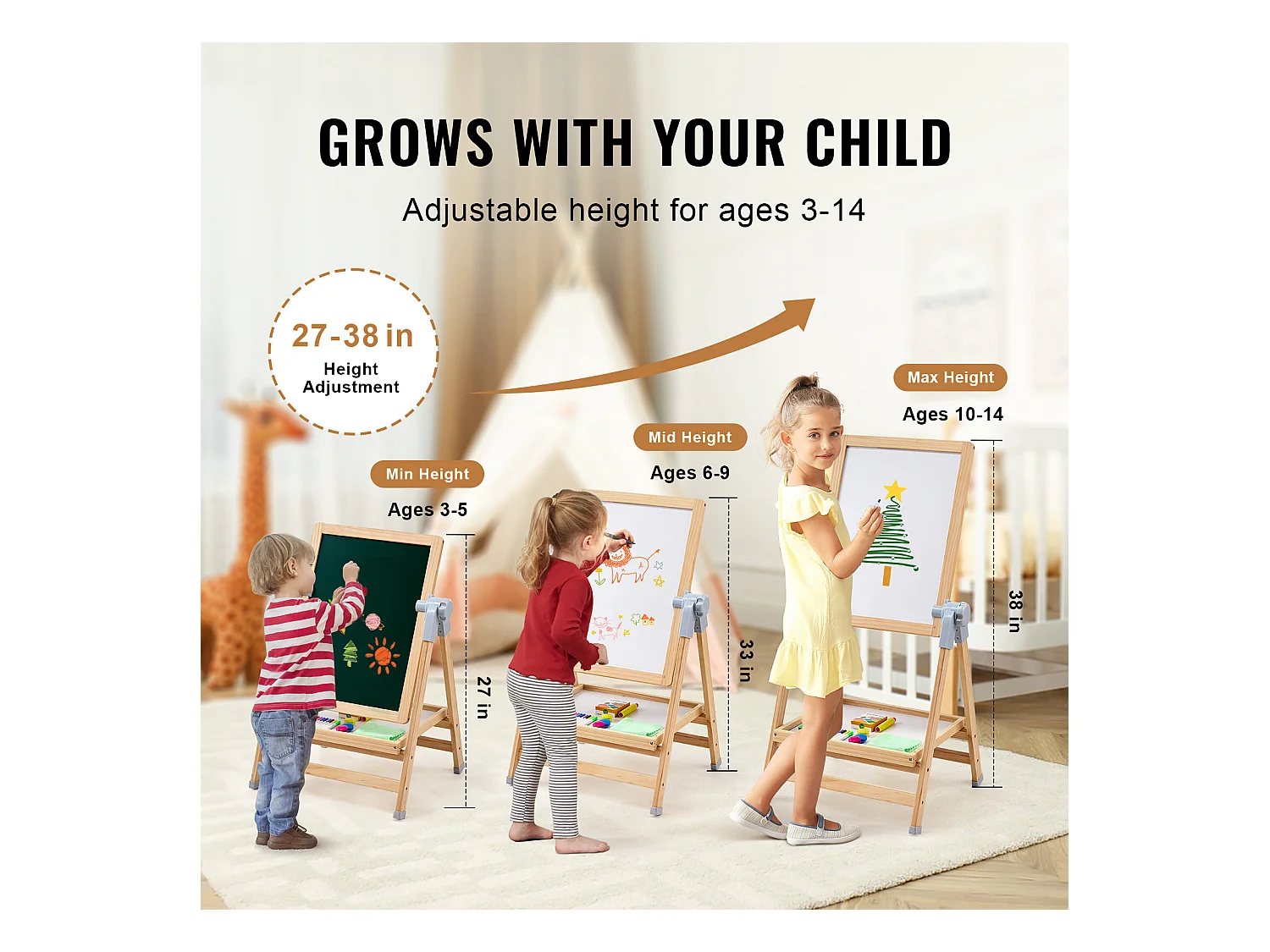 Chevalet d'Art SucceBuy, pour Enfants 2 en 1, Tableau Blanc Magnétique en Bois Face