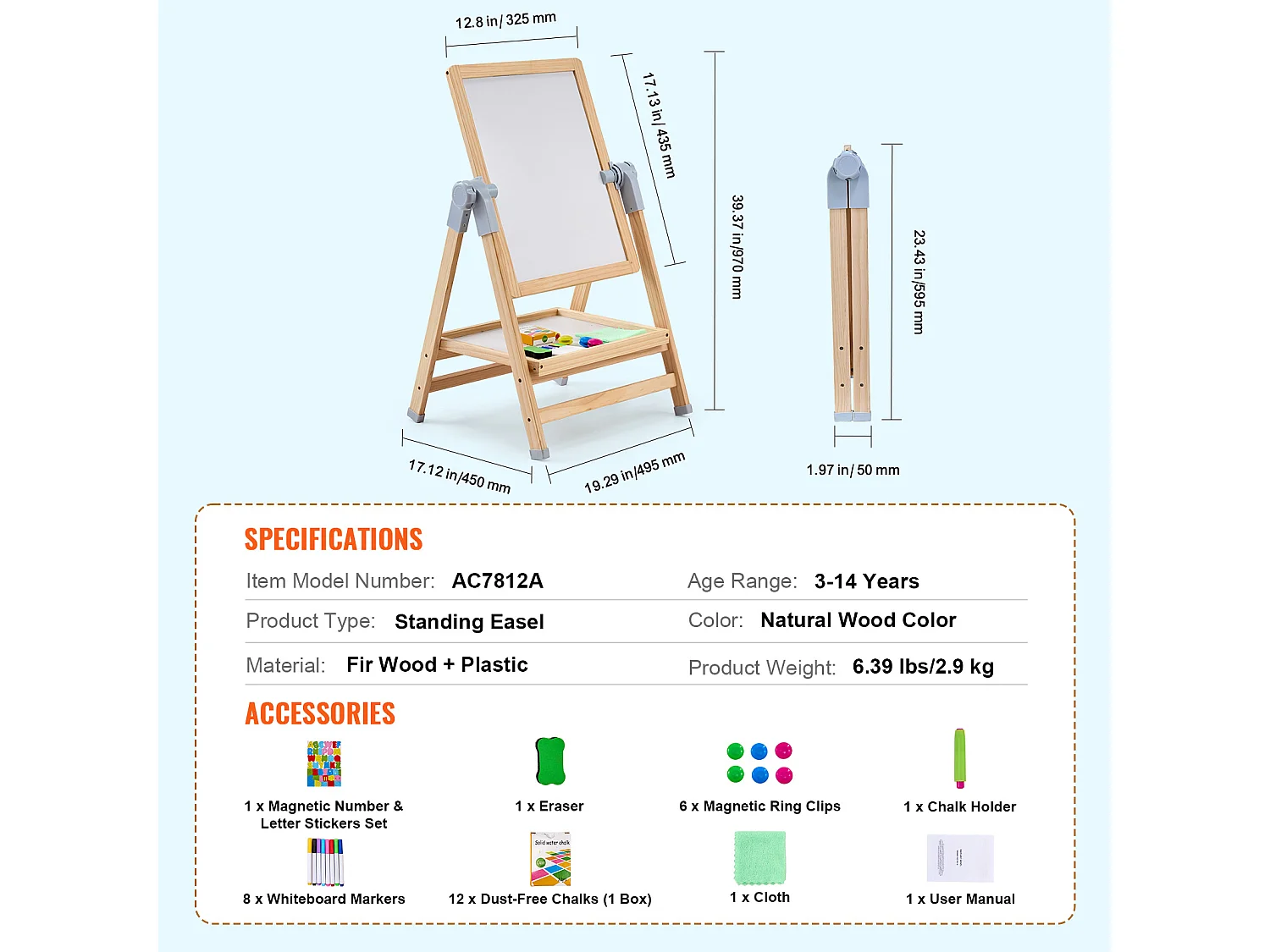 Chevalet d'Art SucceBuy, pour Enfants 2 en 1, Tableau Blanc Magnétique en Bois Face