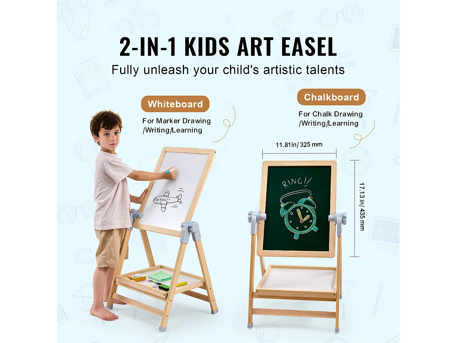 Chevalet d'Art SucceBuy, pour Enfants 2 en 1, Tableau Blanc Magnétique en Bois Face