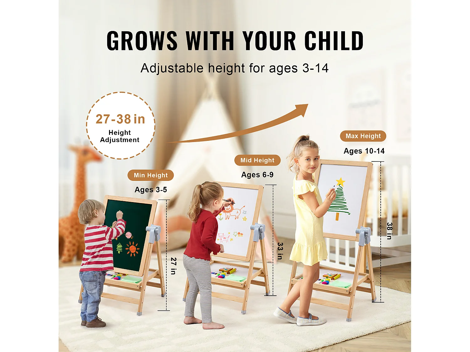 Chevalet d'Art SucceBuy, pour Enfants 2 en 1, Tableau Blanc Magnétique en Bois Face