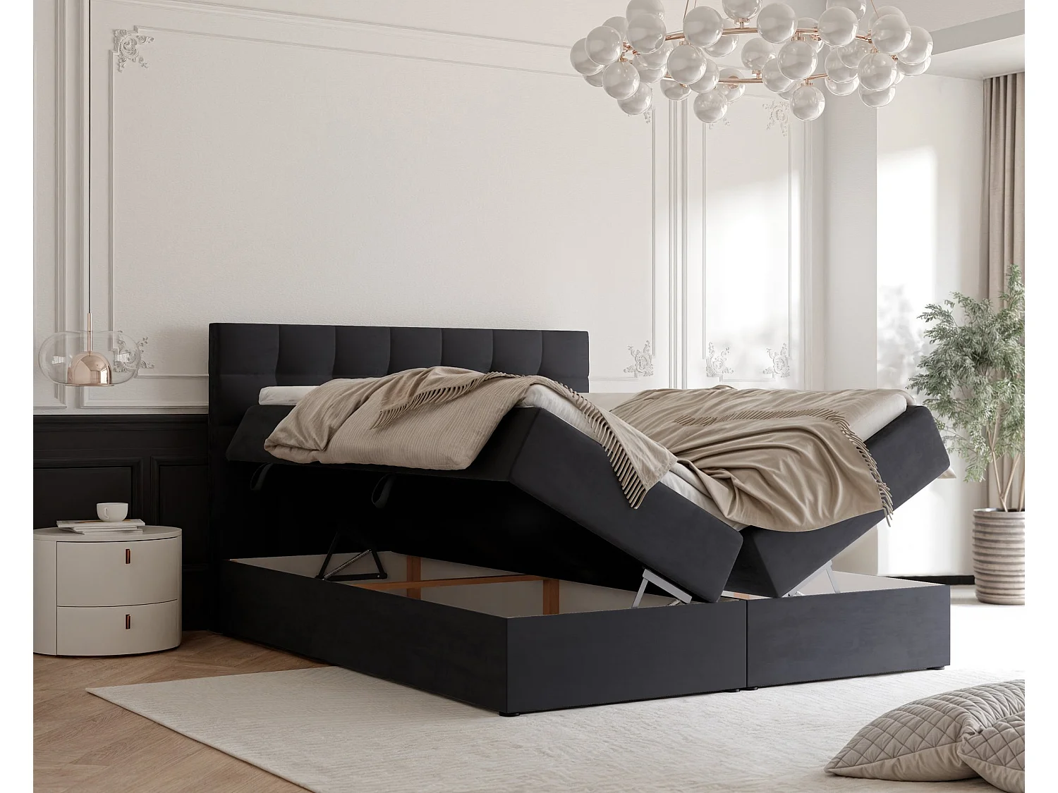 Lit continental rembourré avec surmatelas, noir - 200x200 - GRAND