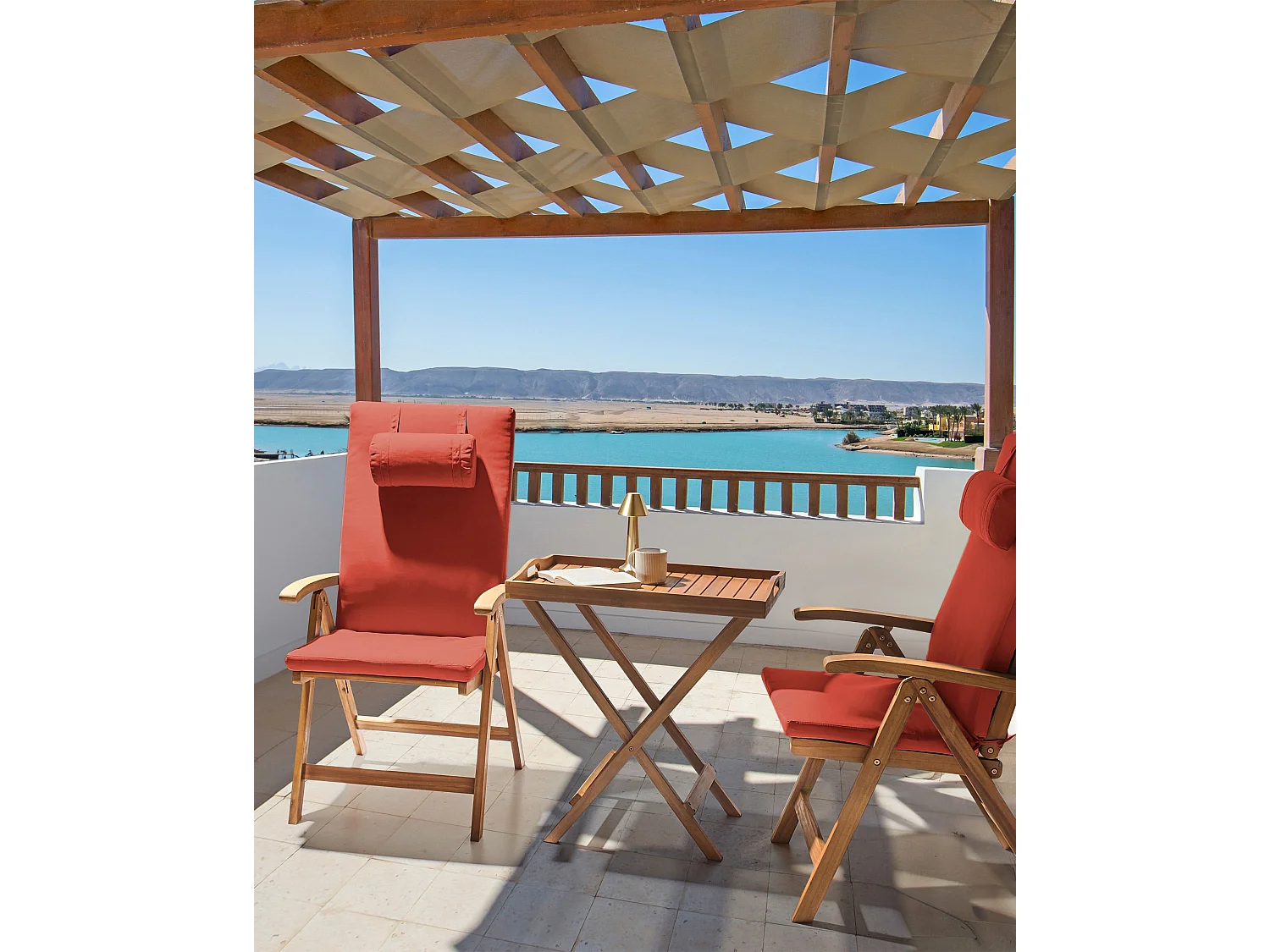 Lot de 2 chaises de jardin avec coussins JAVA PREMIUM Acacia Rouge