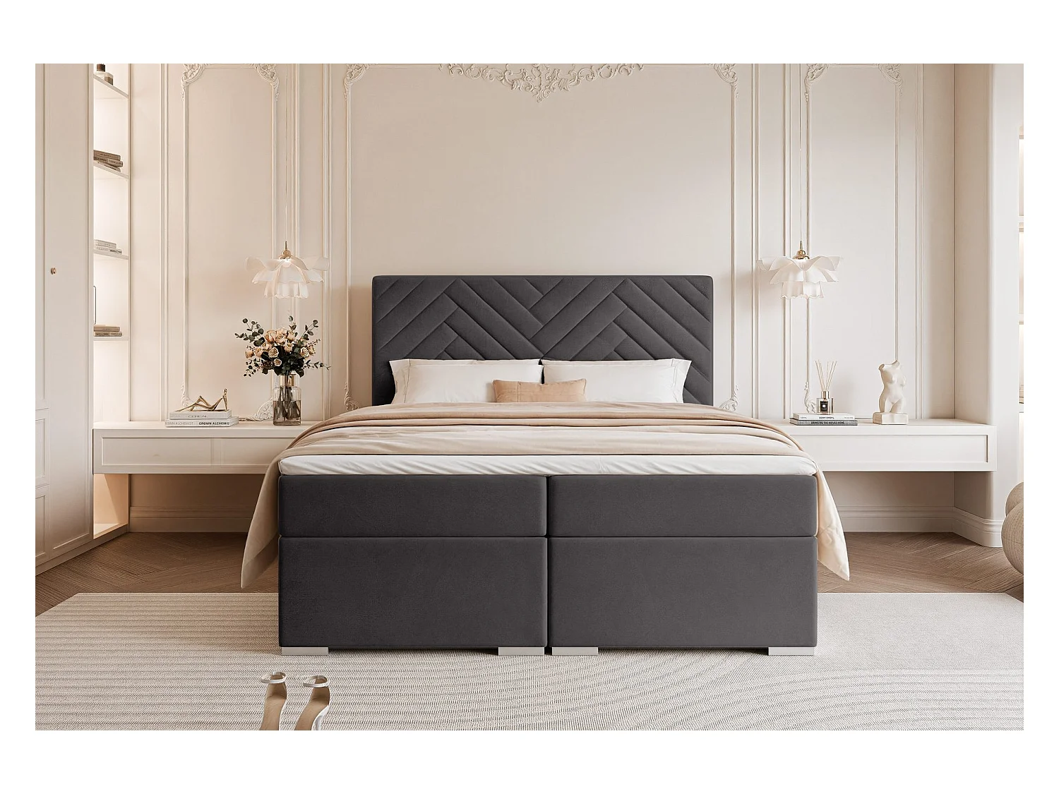 Lit continental rembourré avec surmatelas, gris anthracite - 200x200 - NEREA