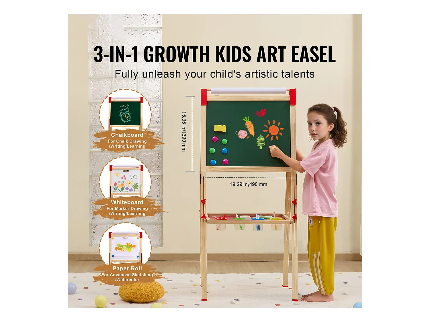 Chevalet d'Art SucceBuy, pour Enfants 3 en 1, Tableau Blanc Magnétique en Bois Double Face