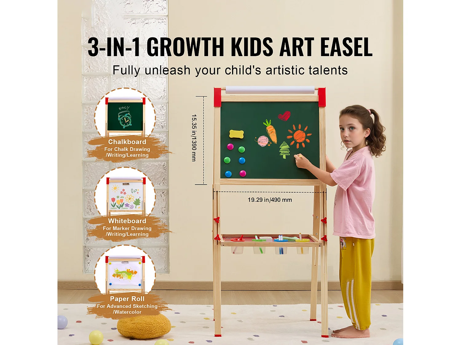 Easel de Arte SucceBuy, 3 en 1 para Niños, Pizarra Blanca Magnética de Madera de Doble Cara