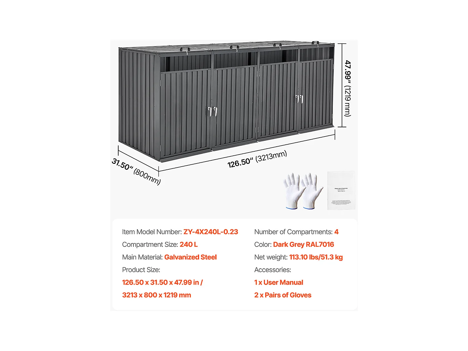 Abri de Rangement pour Poubelles SucceBuy, Cache Poubelle en Métal, Abri à Poubelle Extérieur 4 x 240 L