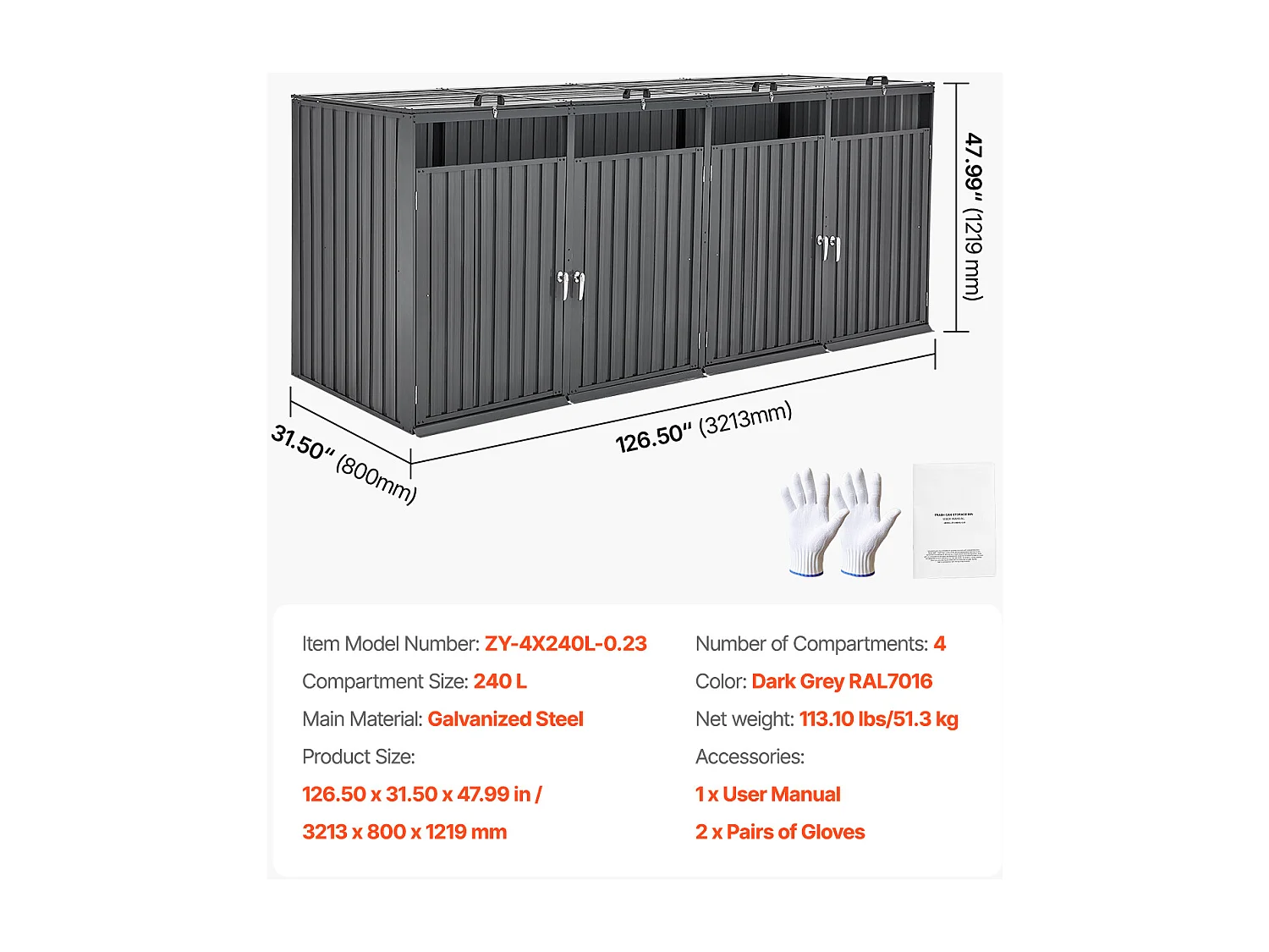 Abri de Rangement pour Poubelles SucceBuy, Cache Poubelle en Métal, Abri à Poubelle Extérieur 4 x 240 L
