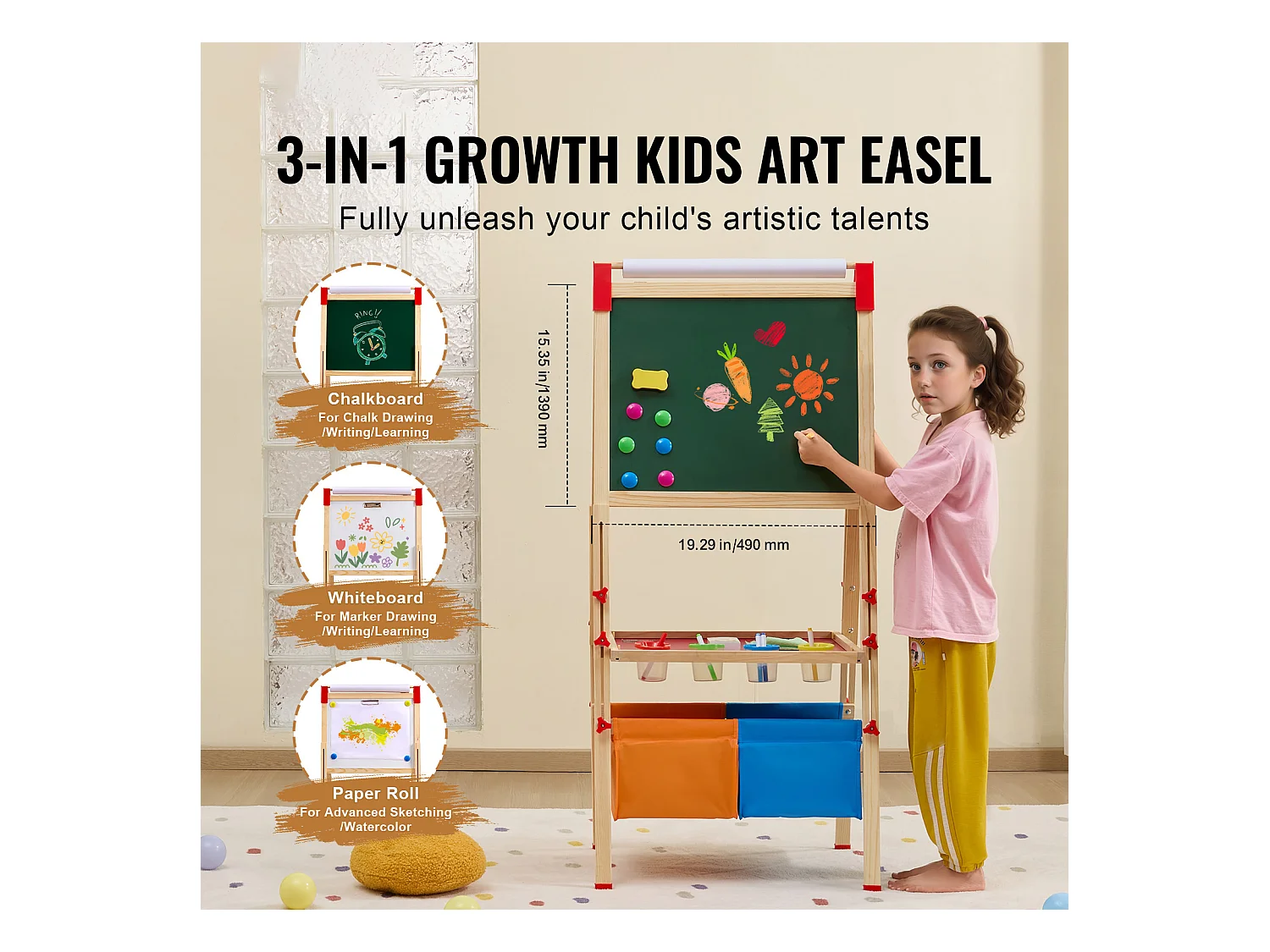 Chevalet d'Art SucceBuy, pour Enfants 3 en 1, Tableau Blanc Magnétique en Bois Double Face