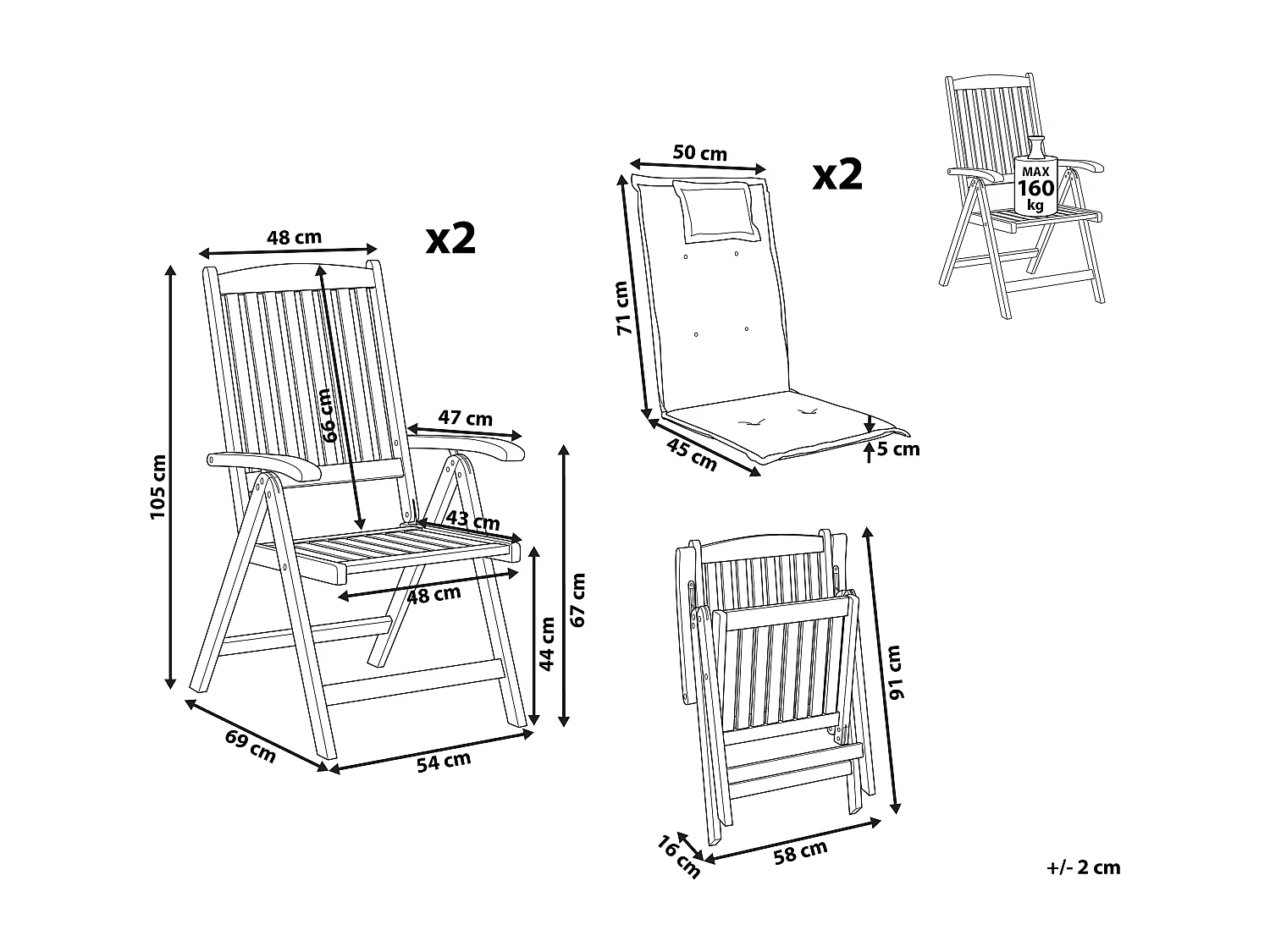 Lot de 2 chaises de jardin avec coussins AMANTEA PREMIUM Acacia Rouge