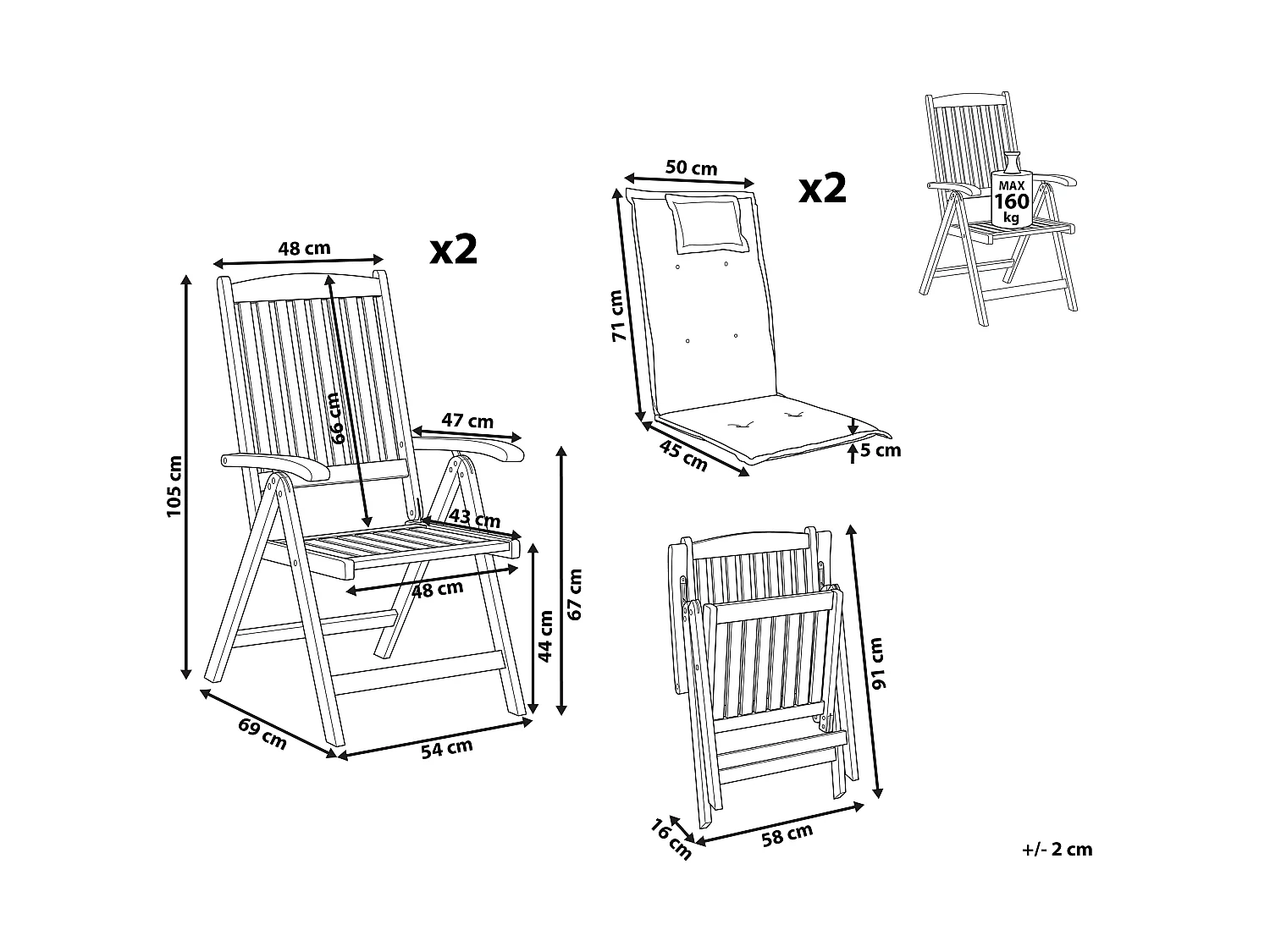 Lot de 2 chaises de jardin avec coussins AMANTEA PREMIUM Acacia Gris clair