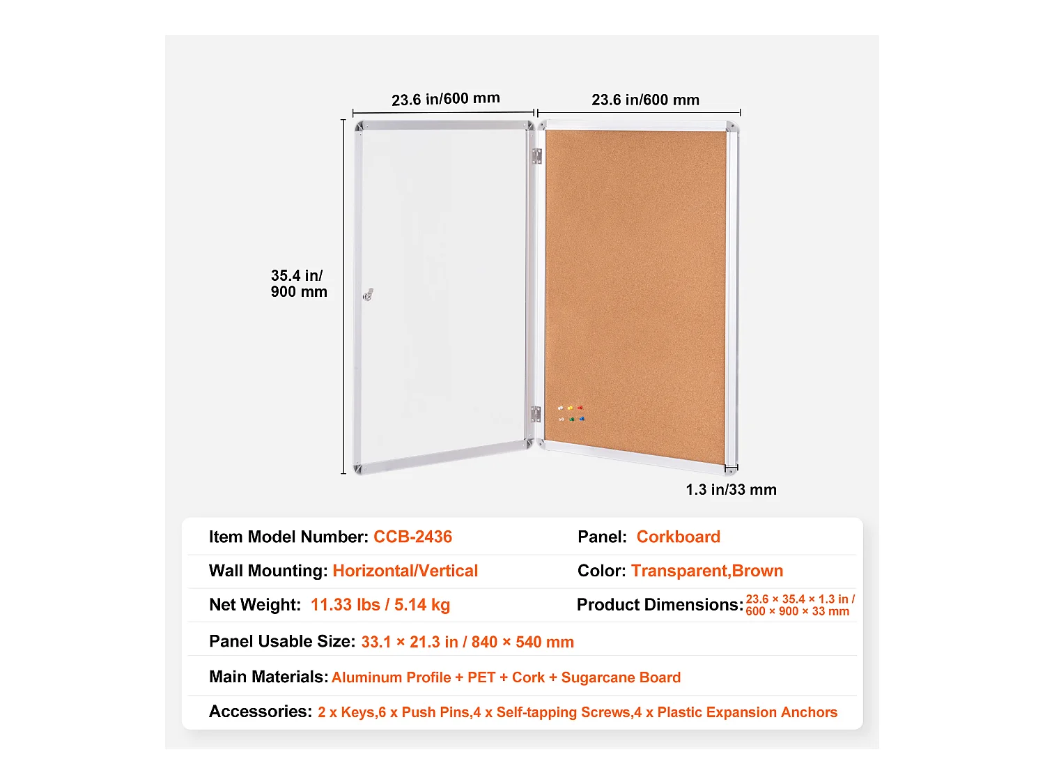 Tableau en Liège SucceBuy Tableau en Liège Verrouillable 91.44cm x 60.96cm avec Cadre en Aluminium – Tableau d'Affichage Fermé