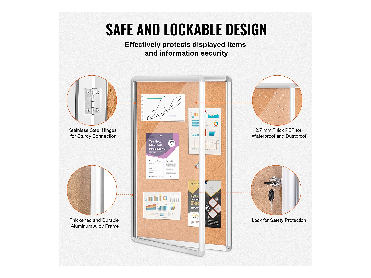 Tableau en Liège SucceBuy Tableau en Liège Verrouillable 91.44cm x 60.96cm avec Cadre en Aluminium – Tableau d'Affichage Fermé