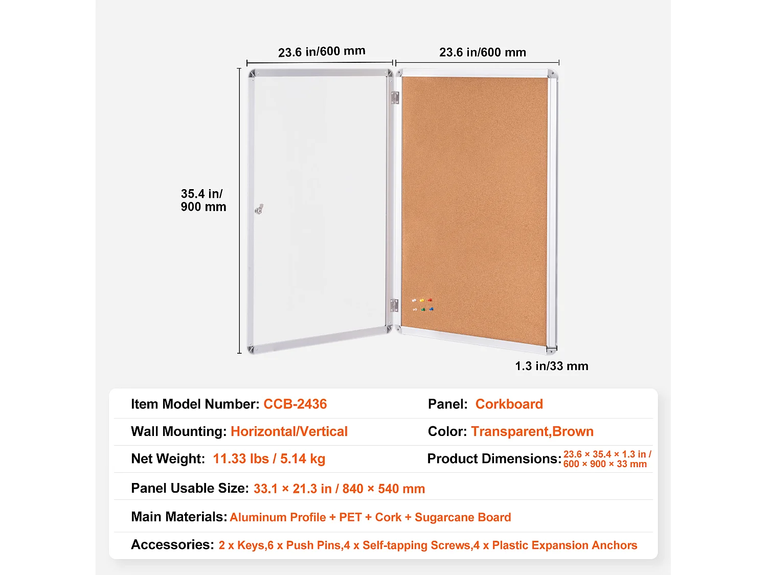 Tableau en Liège SucceBuy Tableau en Liège Verrouillable 91.44cm x 60.96cm avec Cadre en Aluminium – Tableau d'Affichage Fermé