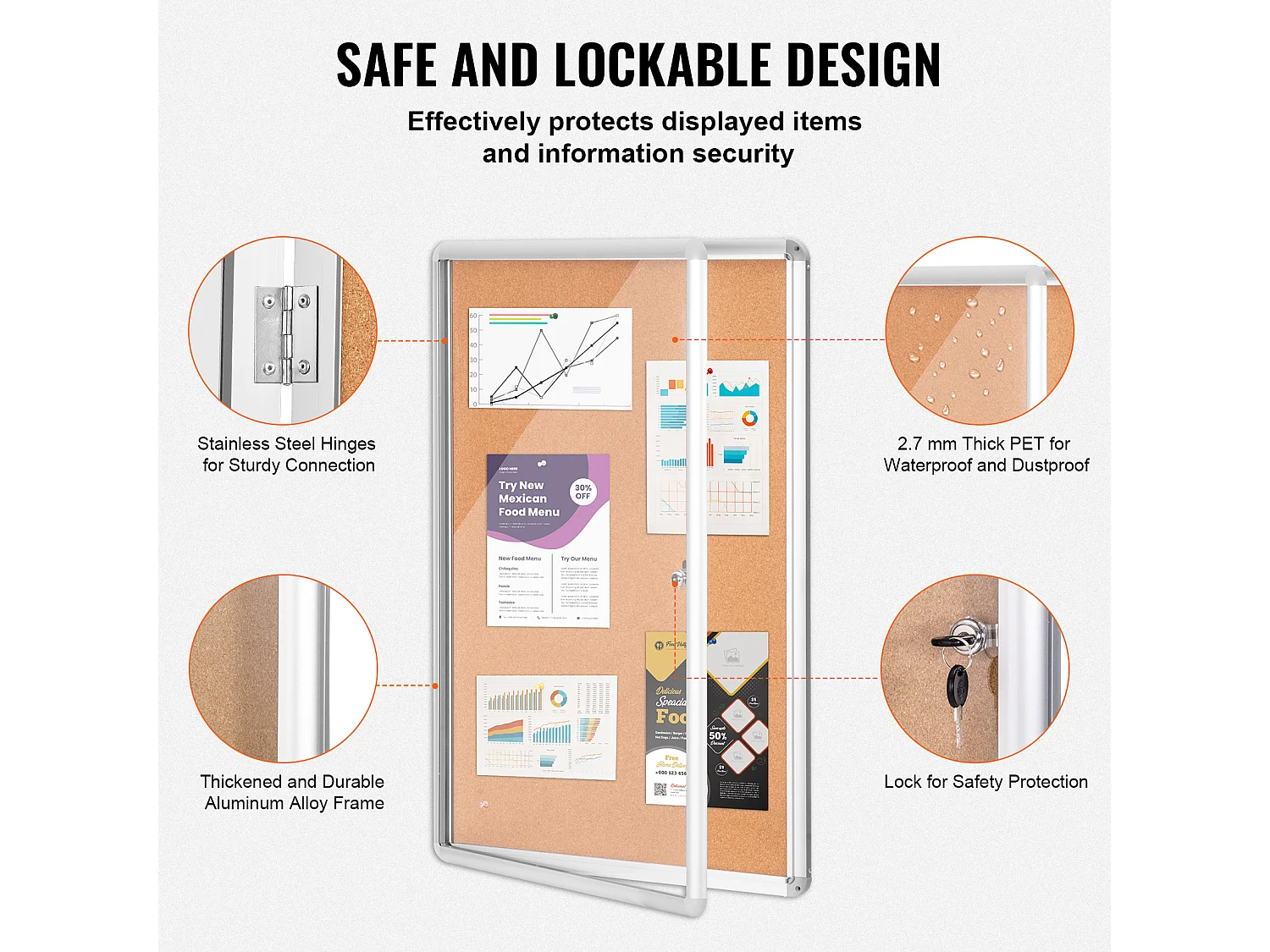 Tableau en Liège SucceBuy Tableau en Liège Verrouillable 91.44cm x 60.96cm avec Cadre en Aluminium – Tableau d'Affichage Fermé