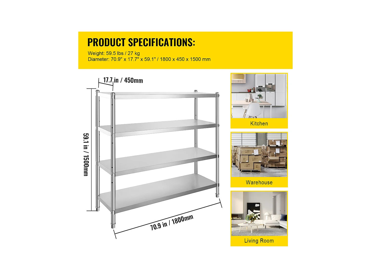 Étagère de Rangement SucceBuy Réglable à 4 Niveaux en Acier Inoxydable, Étagère Robuste, Hauteur Réglable
