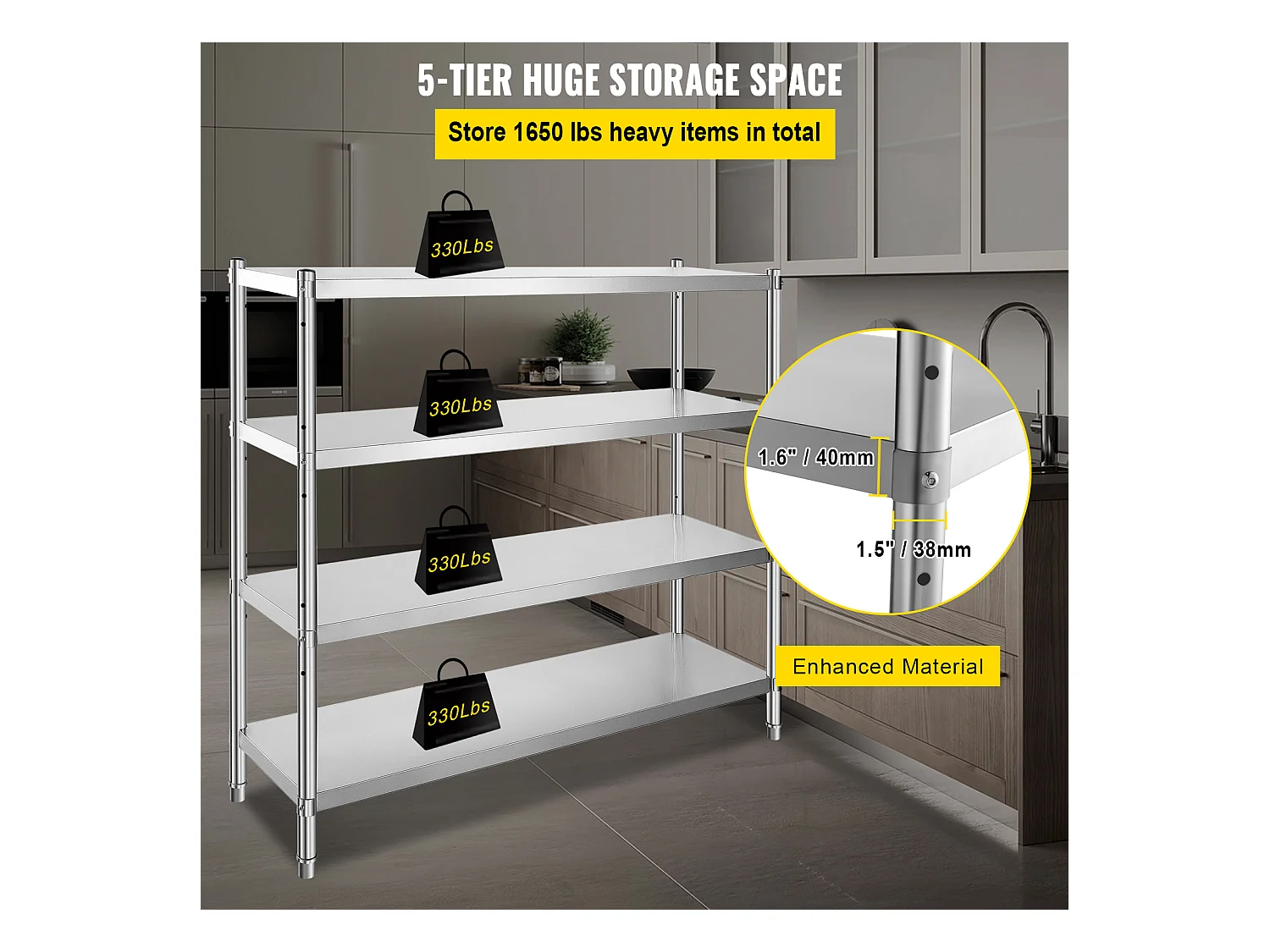 Étagère de Rangement SucceBuy Réglable à 4 Niveaux en Acier Inoxydable, Étagère Robuste, Hauteur Réglable