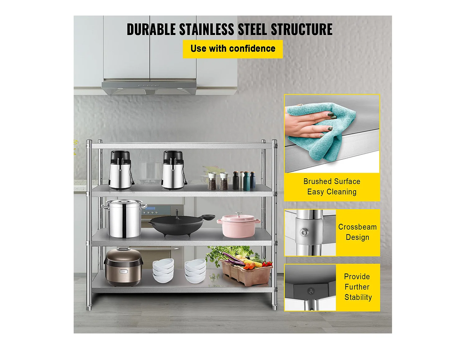 Étagère de Rangement SucceBuy Réglable à 4 Niveaux en Acier Inoxydable, Étagère Robuste, Hauteur Réglable