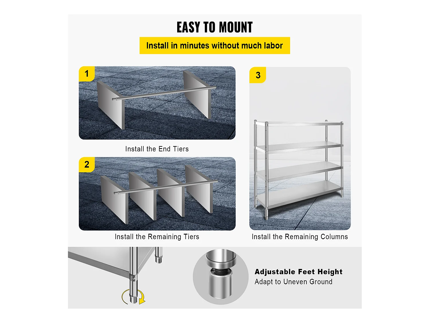 Étagère de Rangement SucceBuy Réglable à 4 Niveaux en Acier Inoxydable, Étagère Robuste, Hauteur Réglable