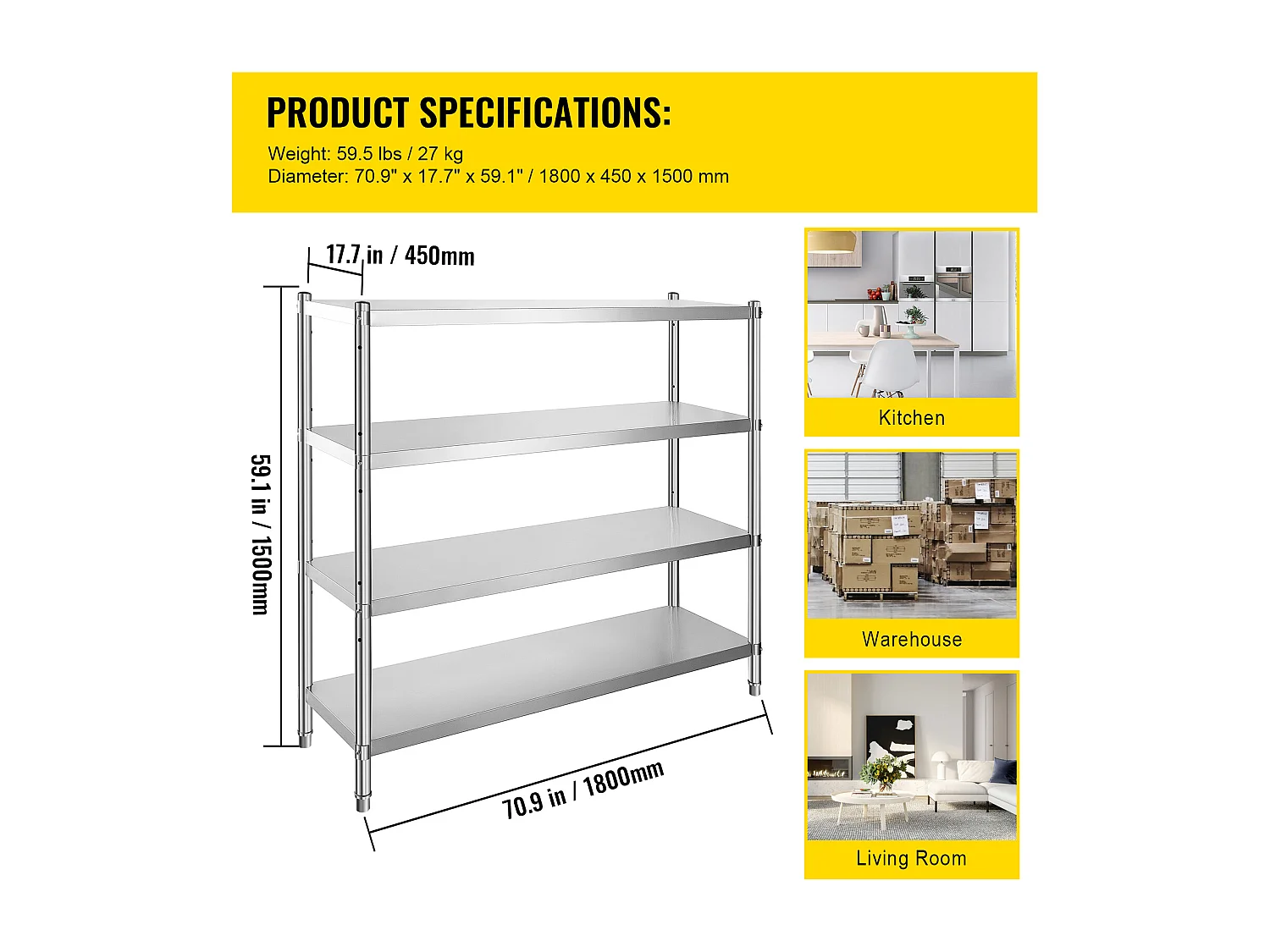 Scaffale di Archiviazione SucceBuy Regolabile a 4 Livelli in Acciaio Inossidabile