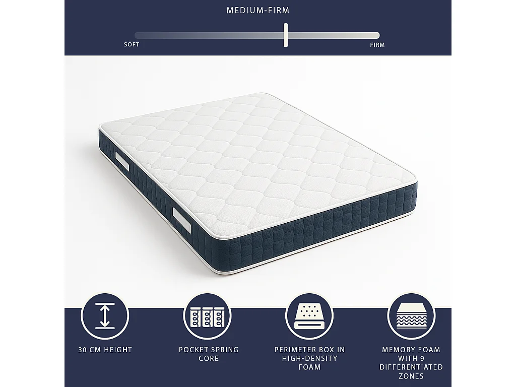 Matelas double 180 X 200 Ressorts ensachés et Memory Foam | Hauteur 30 cm | Hypoallergénique | Médical | Italie