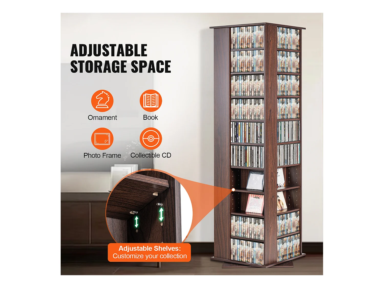 Vitrine, SucceBuy 4-seitig Drehbarer Medienturm, für Bis zu 1 040 CDs, Espresso-Finish