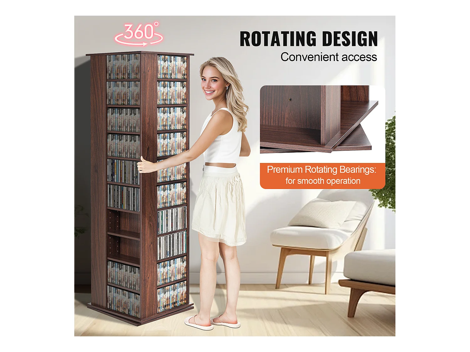 Vitrine, SucceBuy 4-seitig Drehbarer Medienturm, für Bis zu 1 040 CDs, Espresso-Finish