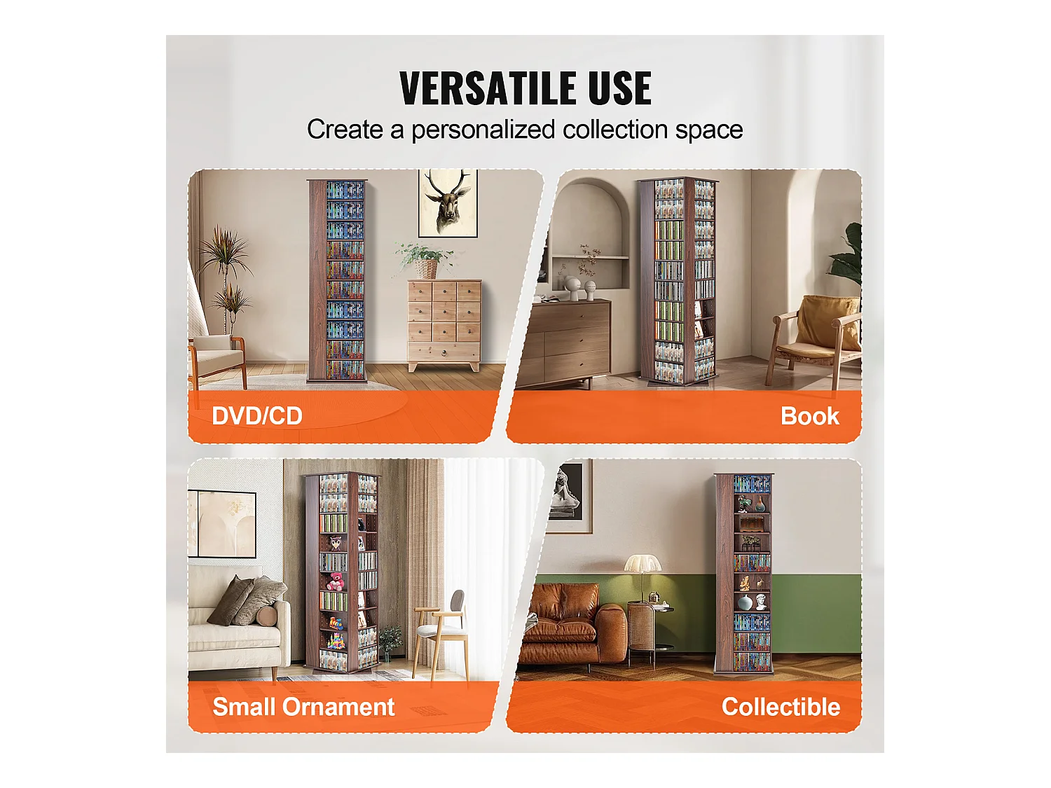 Vitrine, SucceBuy 4-seitig Drehbarer Medienturm, für Bis zu 1 040 CDs, Espresso-Finish