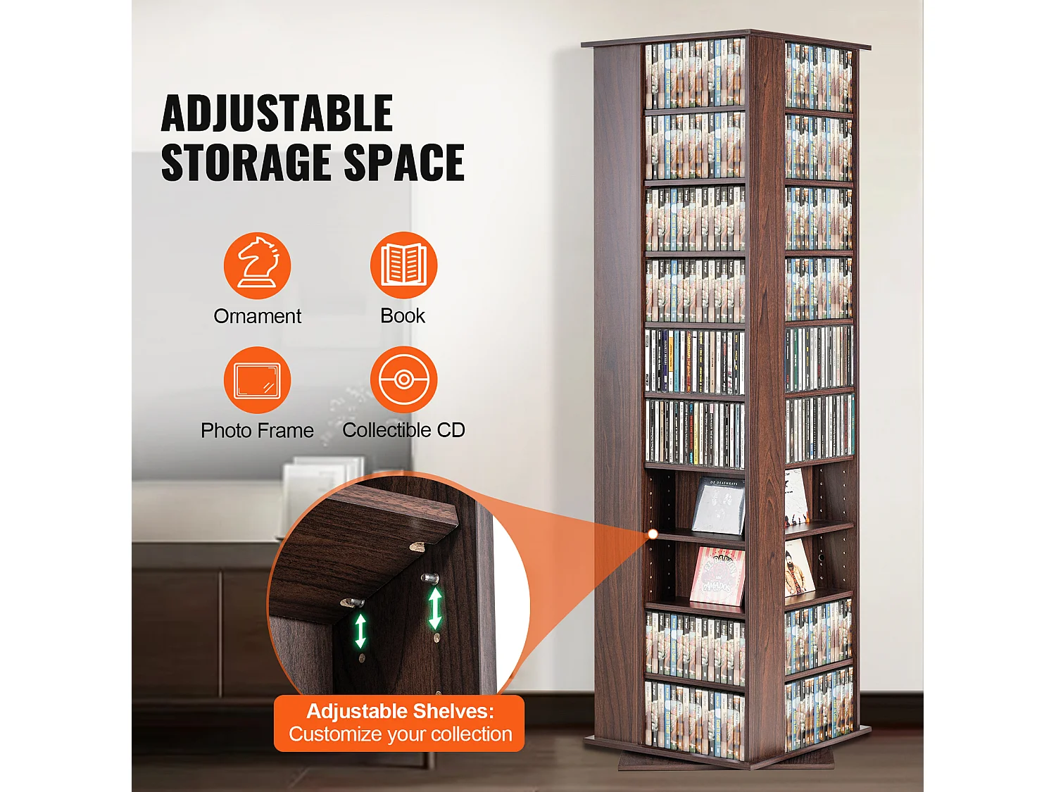 Vitrine, SucceBuy Tour Multimédia Rotative à 4 Côtés, Pouvant Contenir Jusqu'à 1 040 CD, Finition Expresso