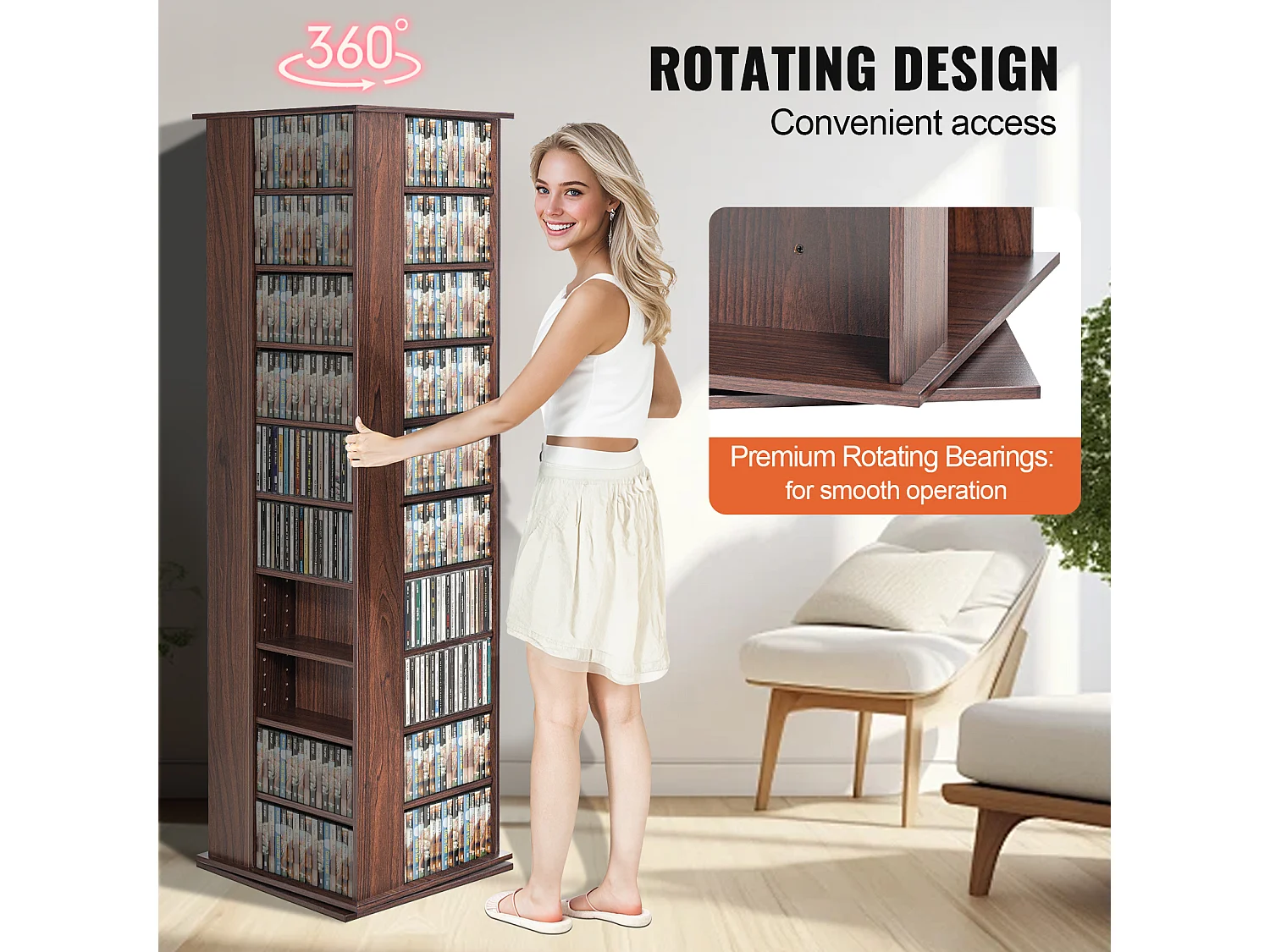 Vitrine, SucceBuy Tour Multimédia Rotative à 4 Côtés, Pouvant Contenir Jusqu'à 1 040 CD, Finition Expresso