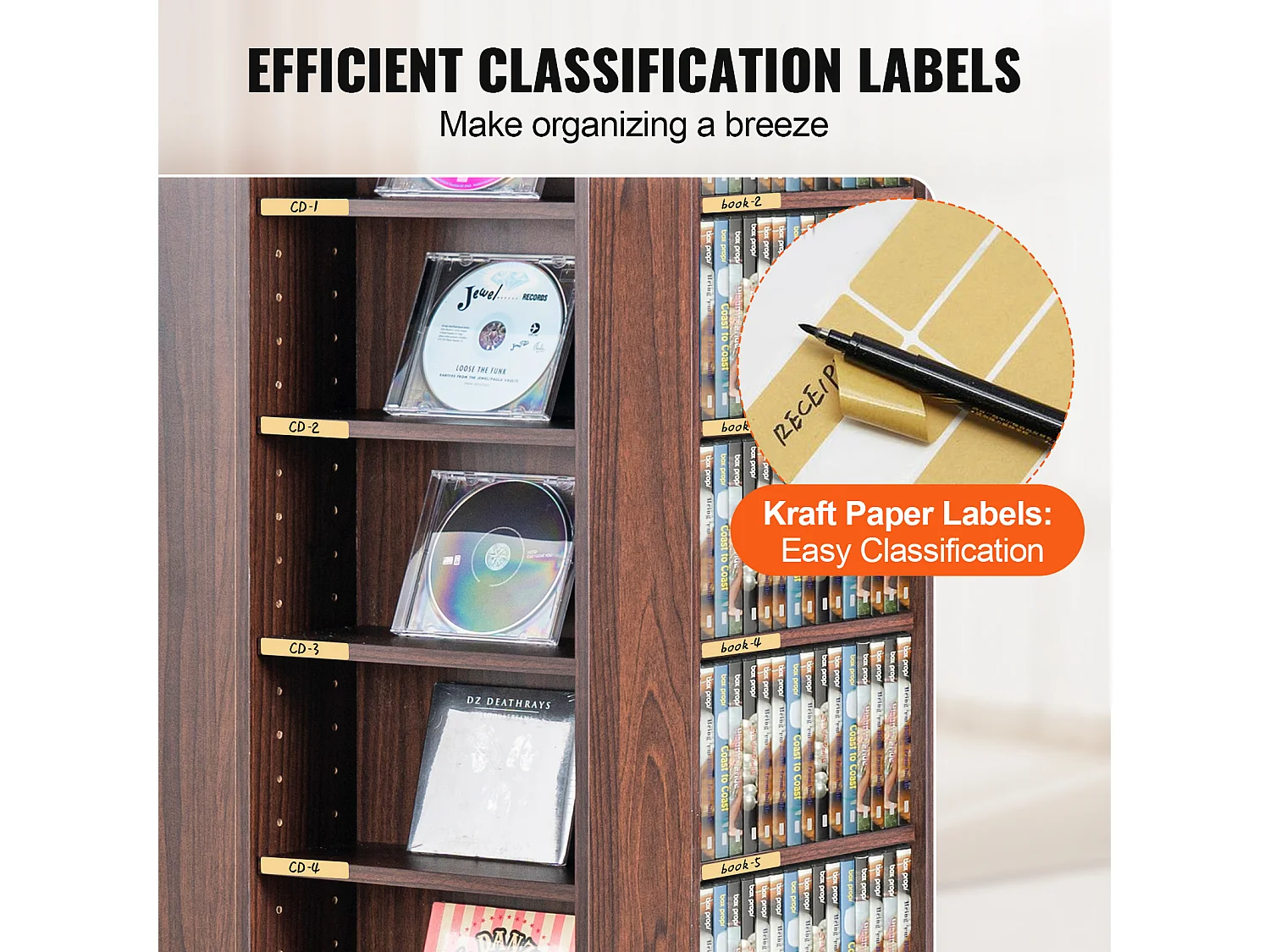 Vitrine, SucceBuy Tour Multimédia Rotative à 4 Côtés, Pouvant Contenir Jusqu'à 1 040 CD, Finition Expresso