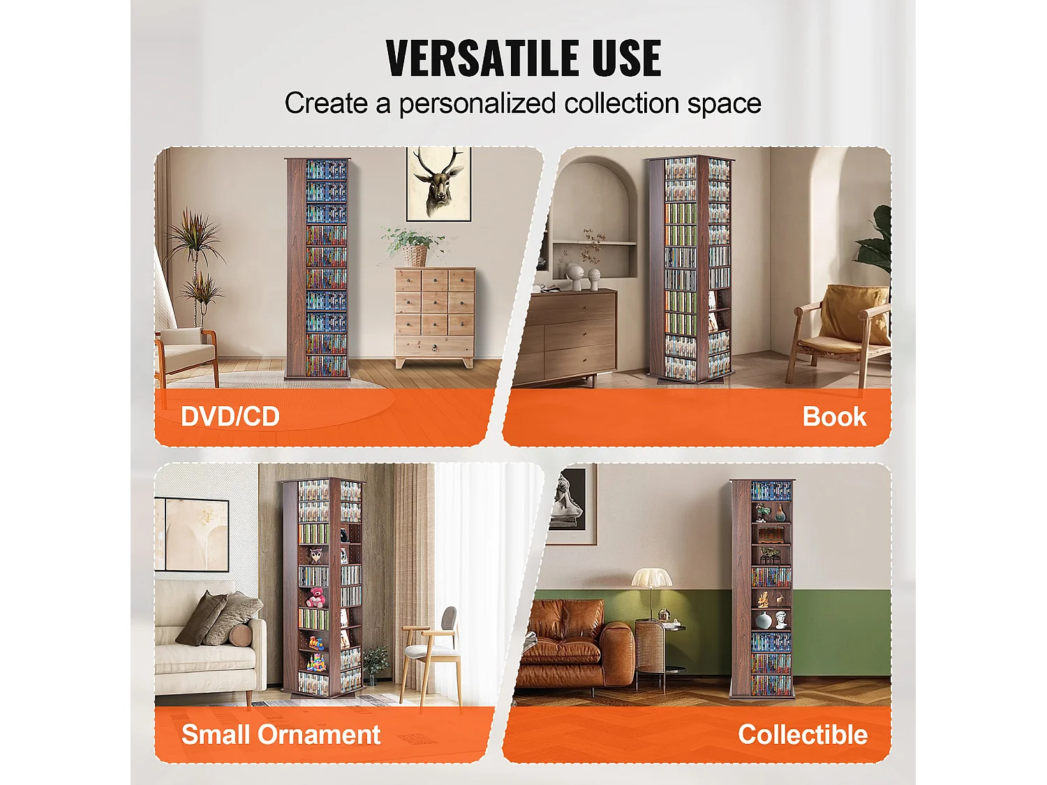 Vitrine, SucceBuy Tour Multimédia Rotative à 4 Côtés, Pouvant Contenir Jusqu'à 1 040 CD, Finition Expresso