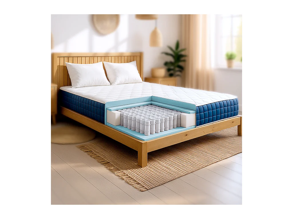 Matelas double français 140 X 190 Ressorts ensachés et Memory Foam | Hauteur 30 cm | Hypoallergénique | Médical