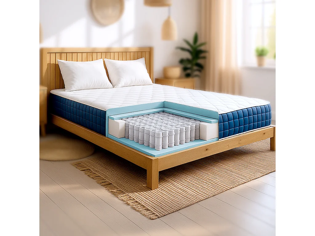 Matelas double français 140 X 190 Ressorts ensachés et Memory Foam | Hauteur 30 cm | Hypoallergénique | Médical