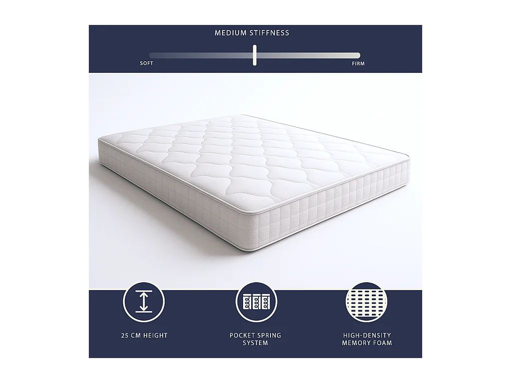 Matelas 140x200 ressorts ensachés + mémoire | H25 cm | Fabriqué en Italie
